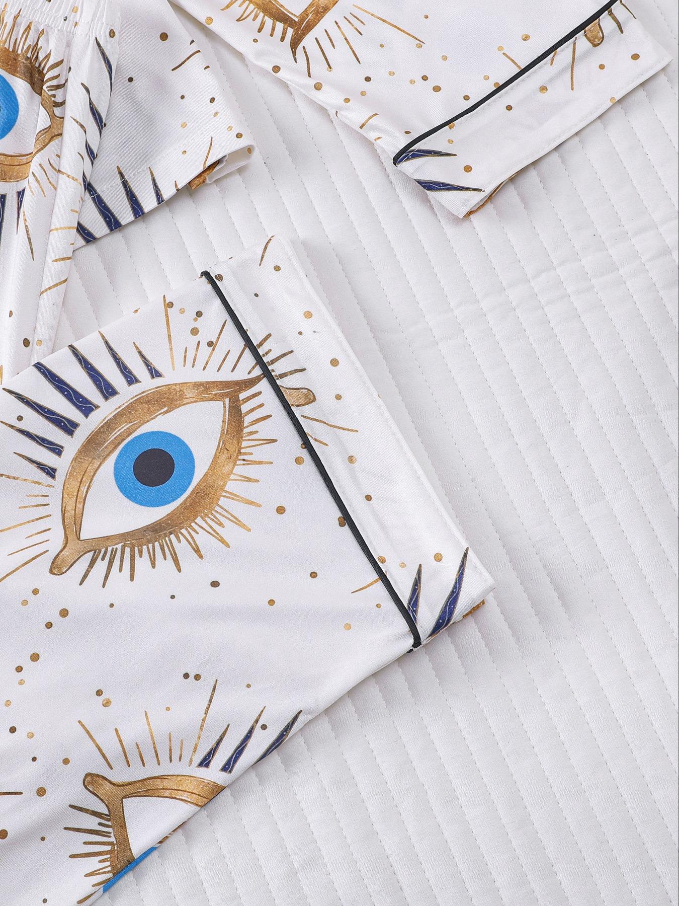 Women's Random Print Pajama Set Loungewear, Casual Comfy Long Sleeve Button Up Top & Elastic Waist Pants PJ Set, Ladies Sleepwear for All Seasons