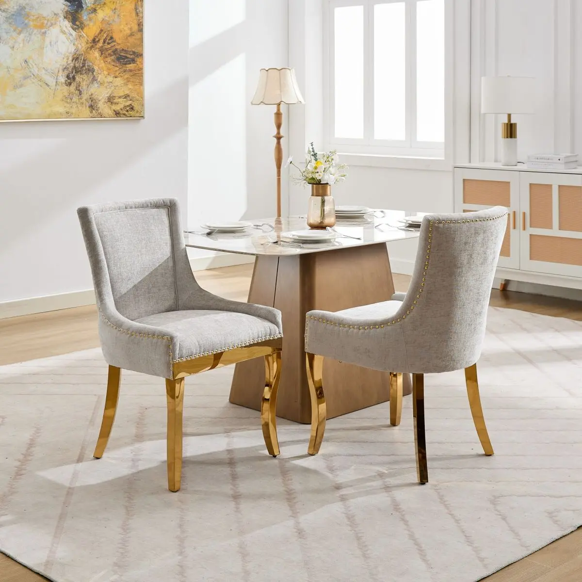 Fahuac Modern Chenille Dining Chair - 1-Piece, Stain-Resistant, Foam-Spring Seat, Gold-Plated Trim, Curved Leg Accent Chair for Home Use (Requires Assembly)