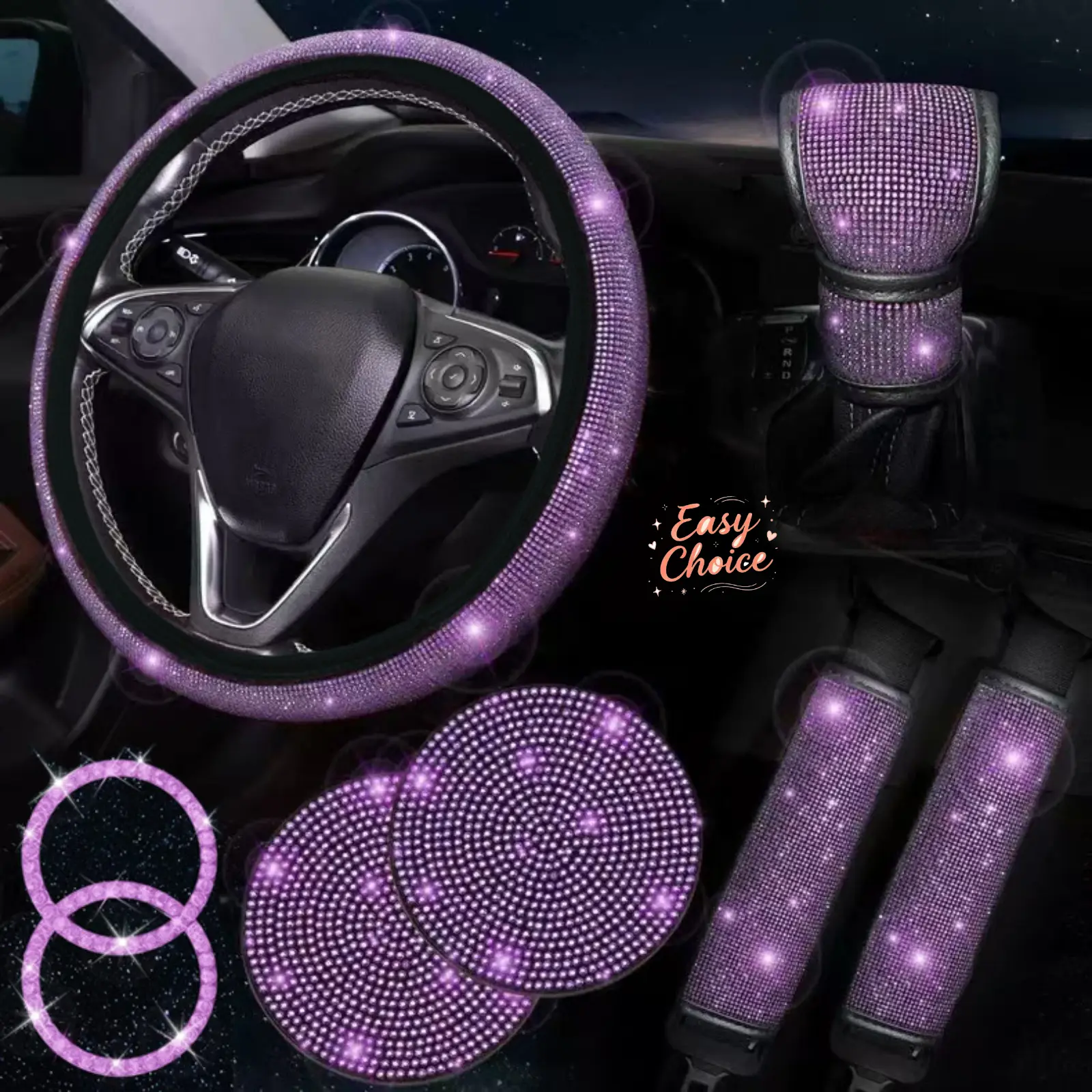 8‑Piece Bling Rhinestone Car Interior Accessory Set, Diamond‑Encrusted Steering Wheel Cover, Seat Belt Covers, Gear Shift Cover, Cup Coasters & Start Button Ring, Fits 38cm /14.96 Inch Steering Wheel