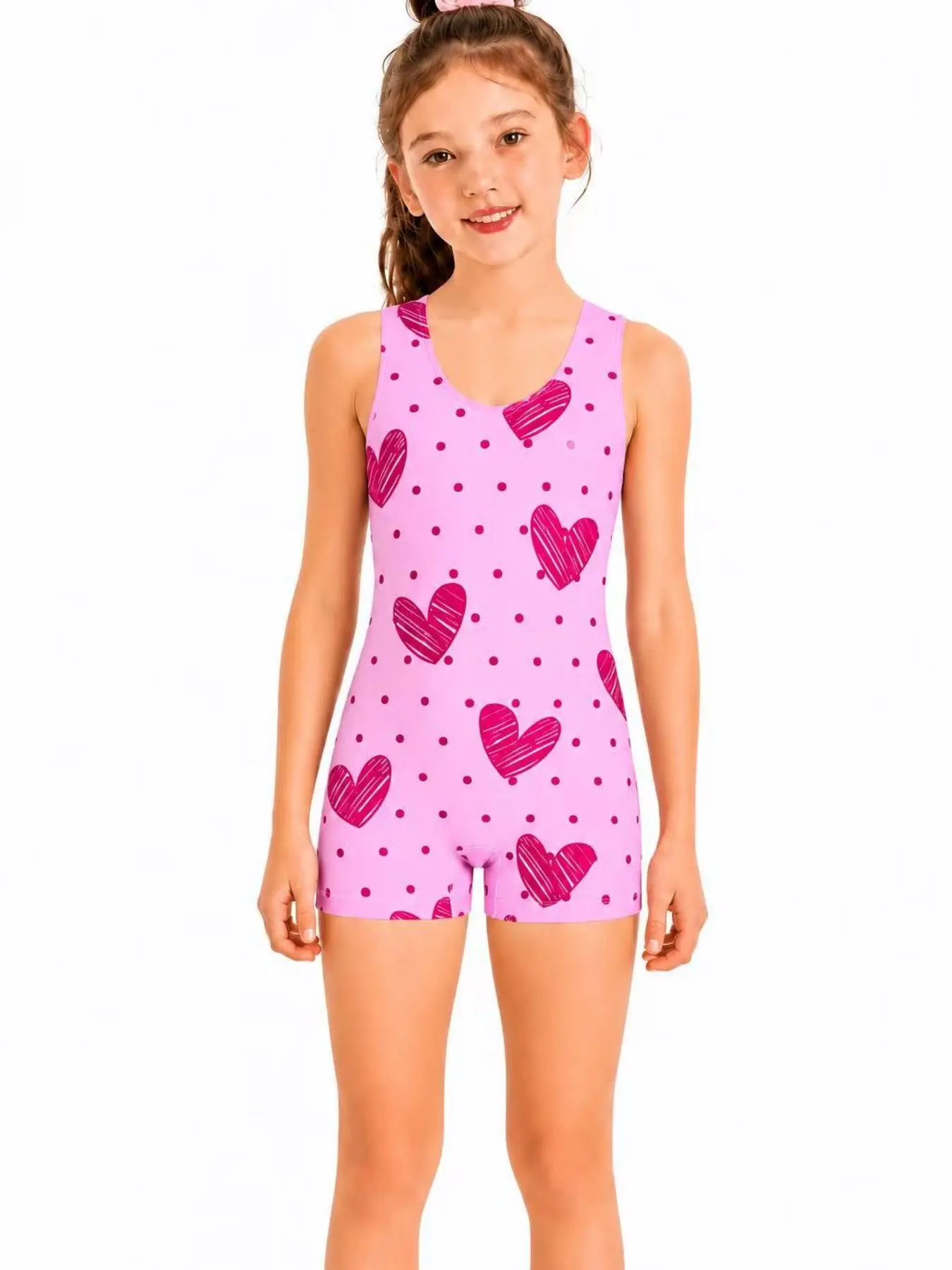 Girls' Gymnastics Onesie, Cute Heart Pattern Sleeveless Bodysuit, Ideal for Dance, Acrobatics, Swimming Training, Swim Wear