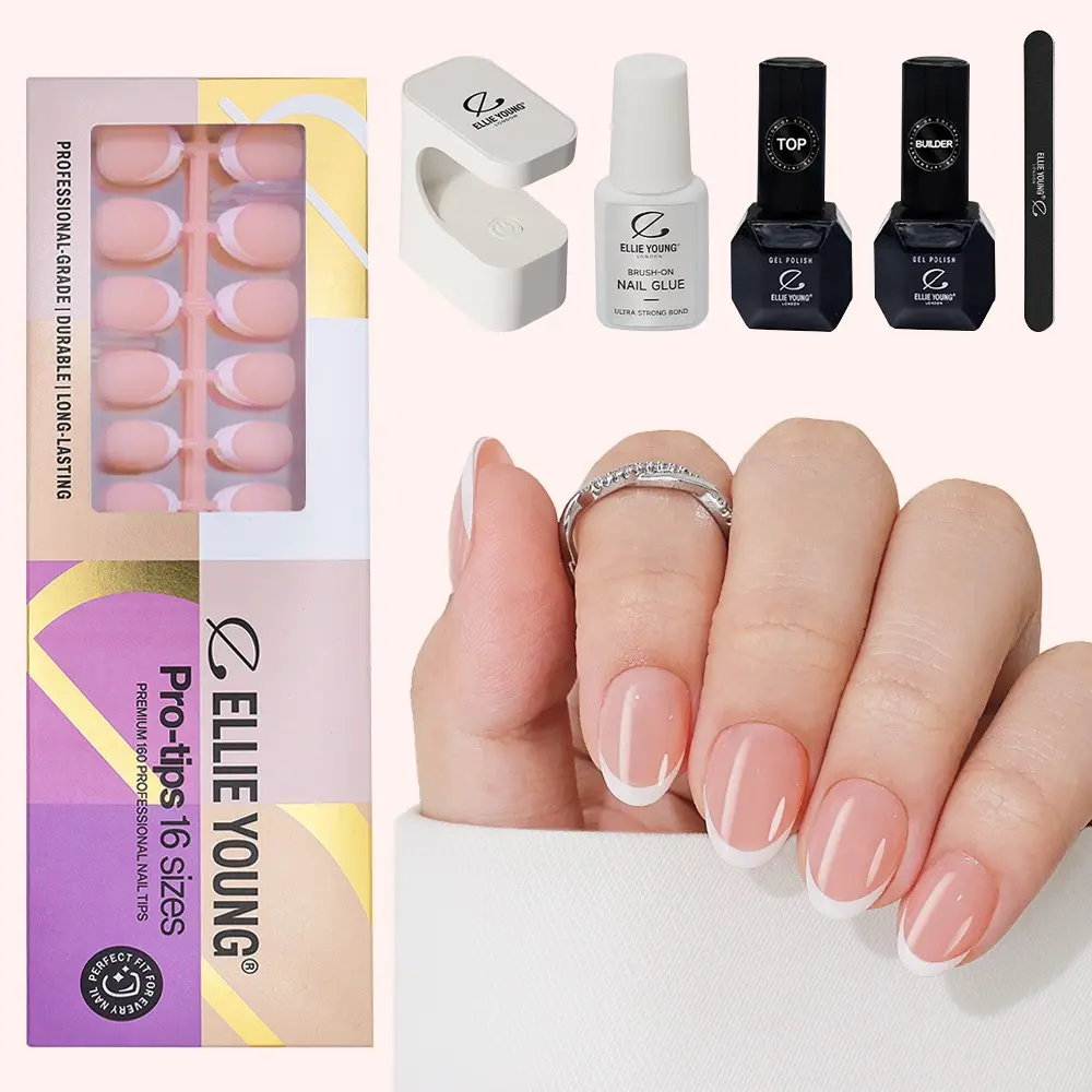 ELLIE YOUNG PRO-TIPS Short Oval White French Tips with Nude Base, 160pc Press-On Nails Kit – 16 Sizes, Matte Gel Acrylic Look, Soft Gel DIY Extensions