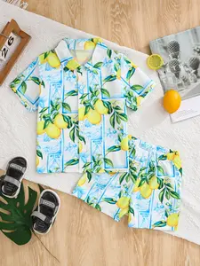 Boys Youth Blue Porcelain Lemon Citrus 2-Piece Set, Soft Breathable Shirt+Shorts, Vintage Fruit Hawaii Print For NYC Mediterranean Coast Holiday & Resort Daily Wear