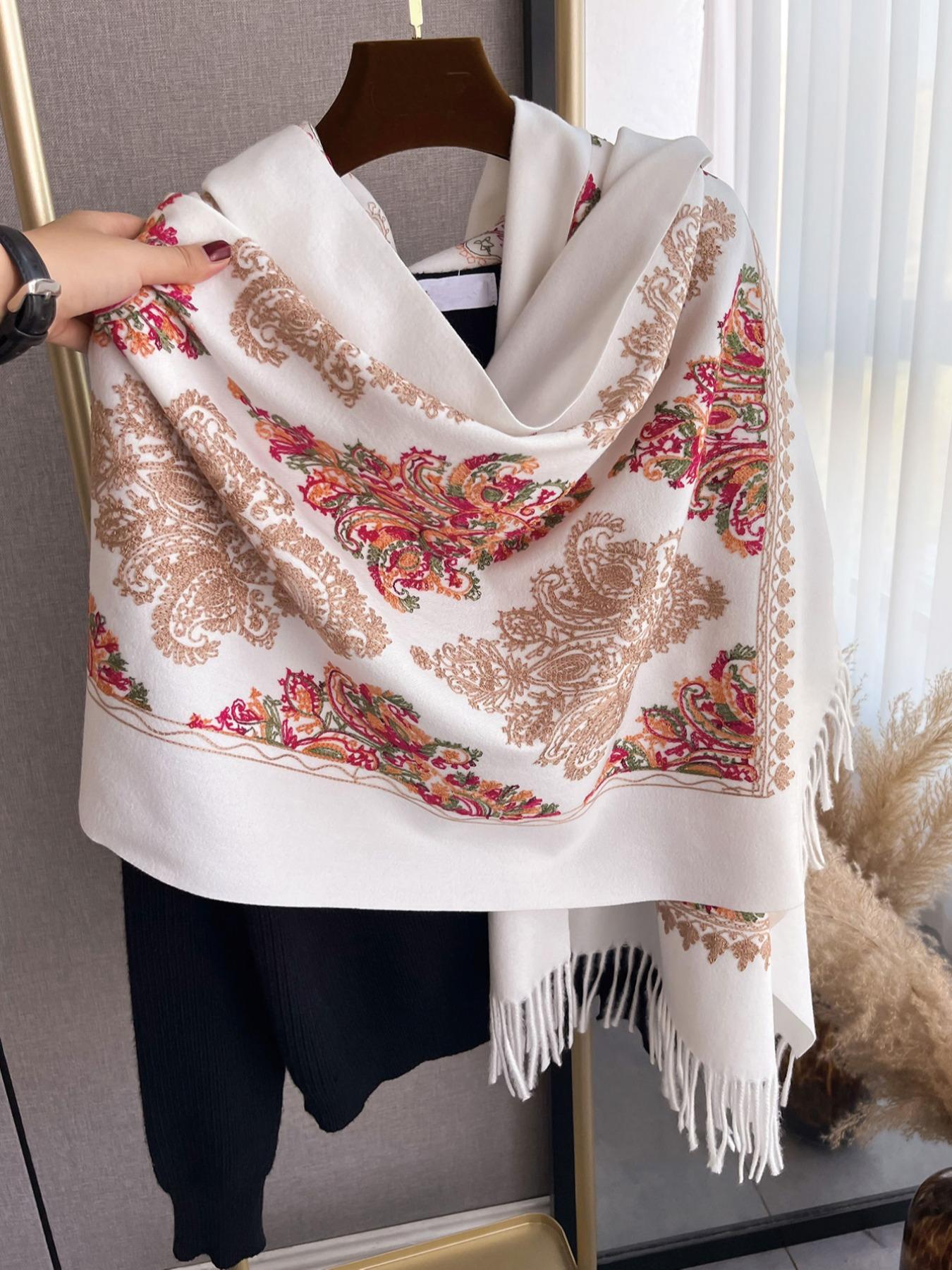 Boho Style Floral & Paisley Embroidery Tassel Decor Shawl, Trendy Casual Soft Warm Double Sided Scarf for Fall & Winter, Fashion Accessories for Women & Men
