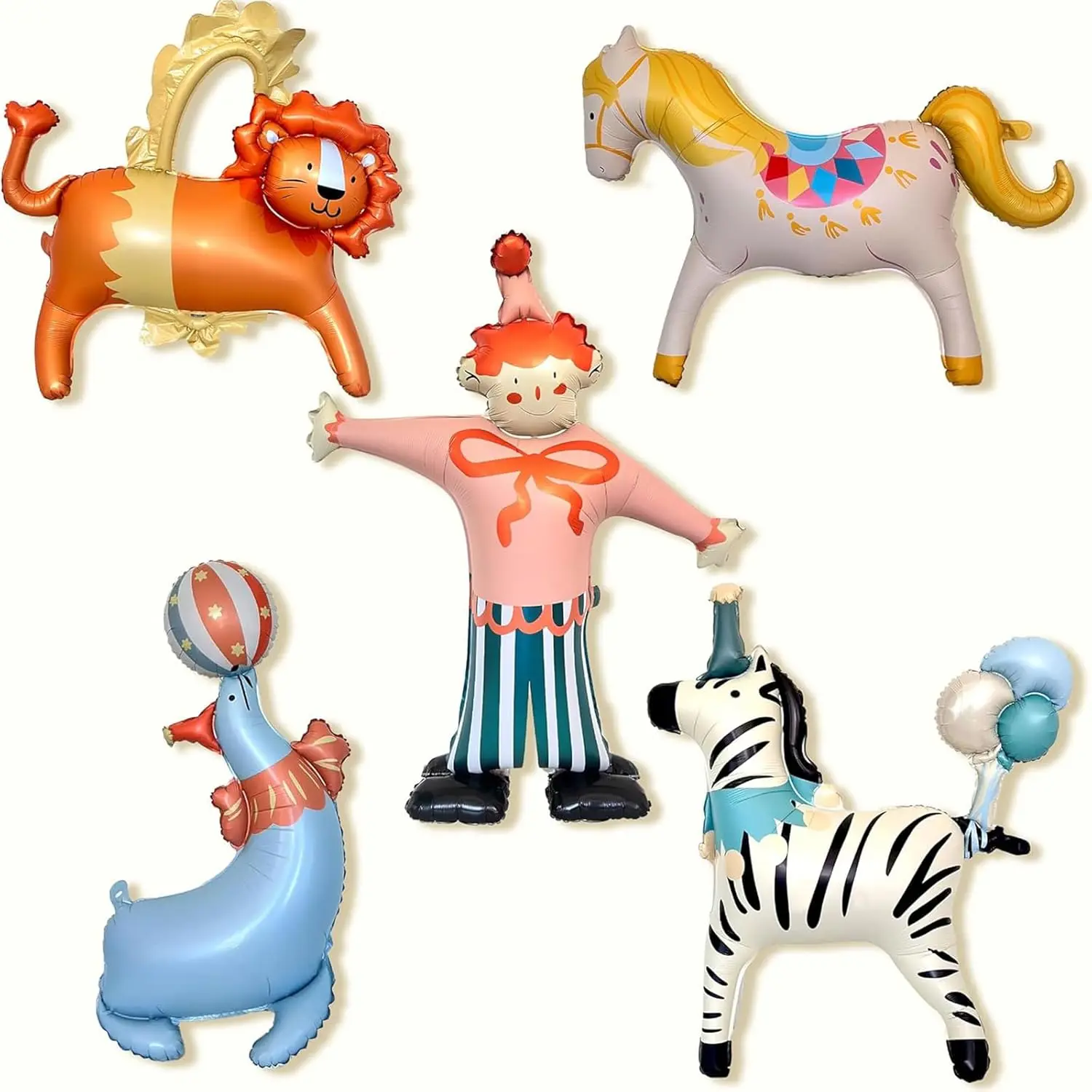 5 Piece Circus Animal Standing Foil Balloons, Carousel Lion Zebra Sea Lion Clown Foil Balloon Set Carnival Themed Party Decorations for Children Birthday Classroom Carnival Event