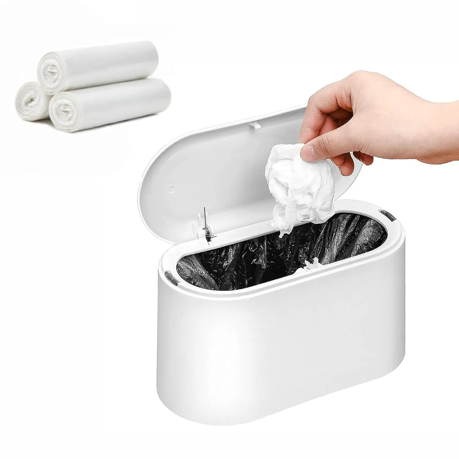 Mini Trash Can with Lid,Small Desk Trash Can,Countertop Mini Garbage Cans,Tiny Waste Basket,White,with 3 roll Bags