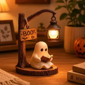 Halloween Figurine Lamps, Cute Ghost Lamp Statue Night Light with Ghost Reading Book Designs, Indoor Party Decor Halloween Lamp for Home Table Room Kitchen Office Indoor Decorations