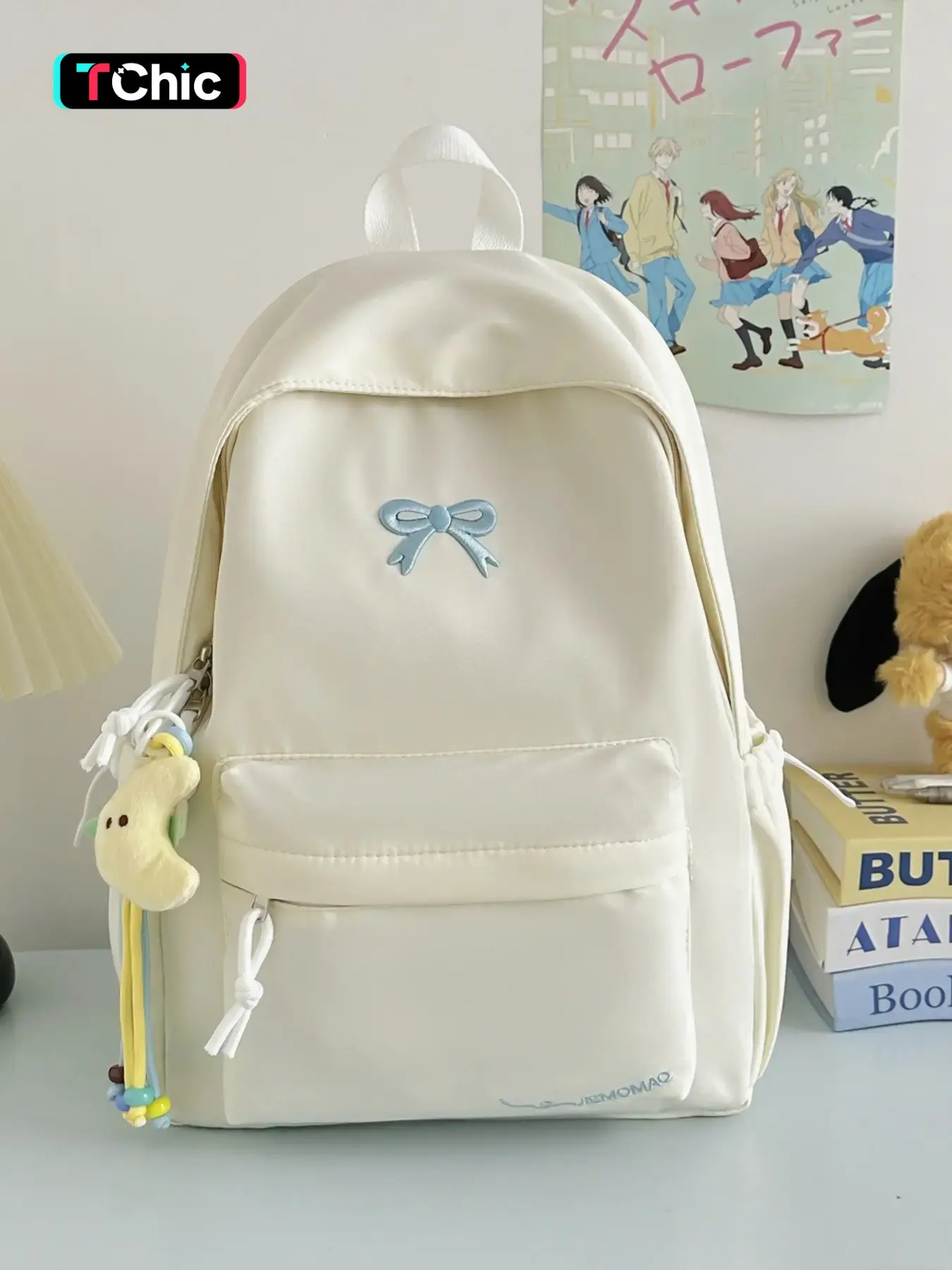 Korean Style Butterfly Knot Backpack for Women, Nylon Lightweight Large Capacity School Bag, Fresh Teen Girl Backpack with Attachments, Asian Backpack, Youth Backpack