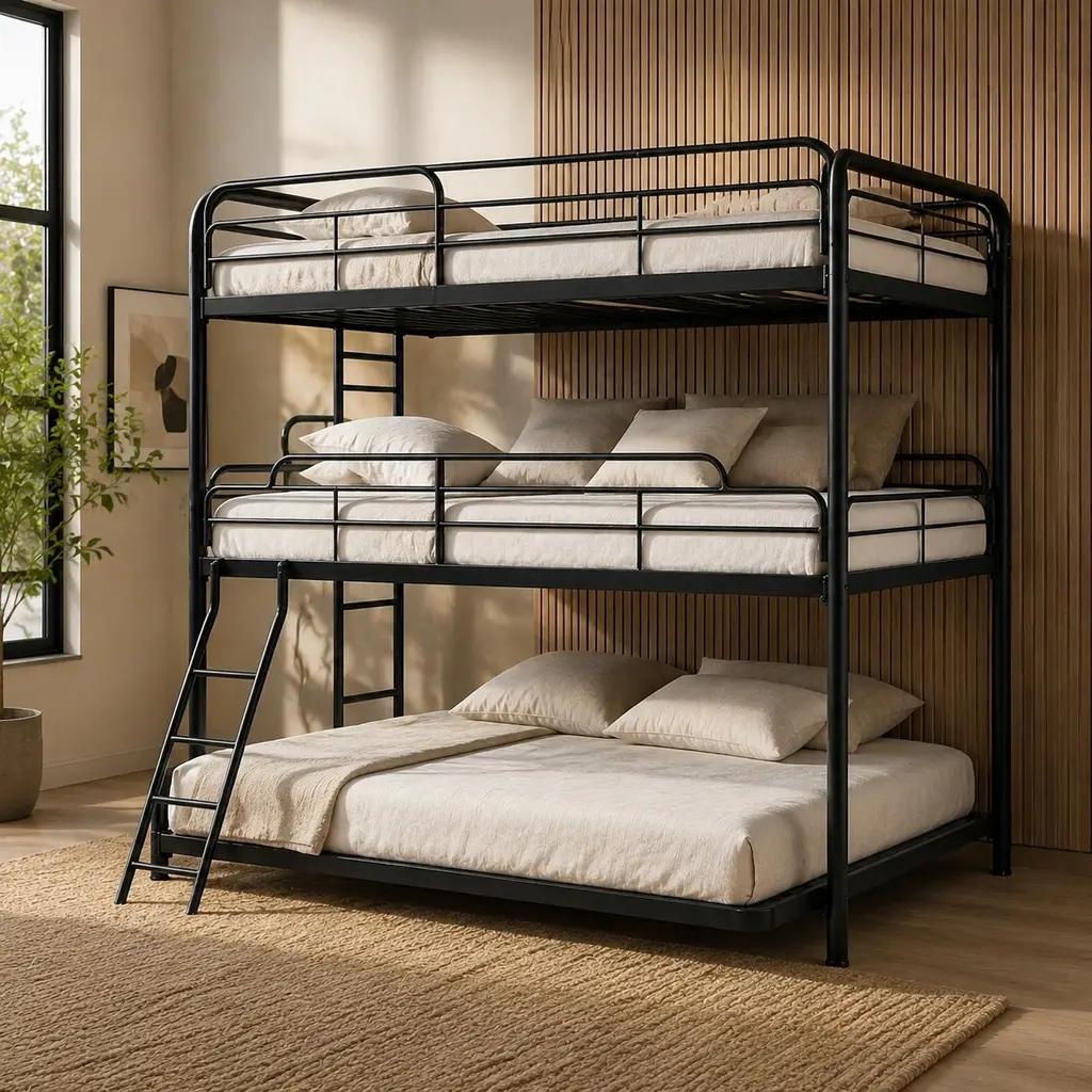 Black Modern Full-Size Stacked Triple Bunk Bed - 3 Full Beds, Steel Frame, No Box Spring Needed, Easy Assembly, Indoor Use