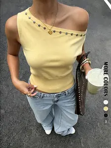 Sexy Chic Aesthetic Button Design Asymmetrical Shoulder Knit Top, Sleeveless Summer Waist Cinch Slimming Off-Shoulder Short Pullover