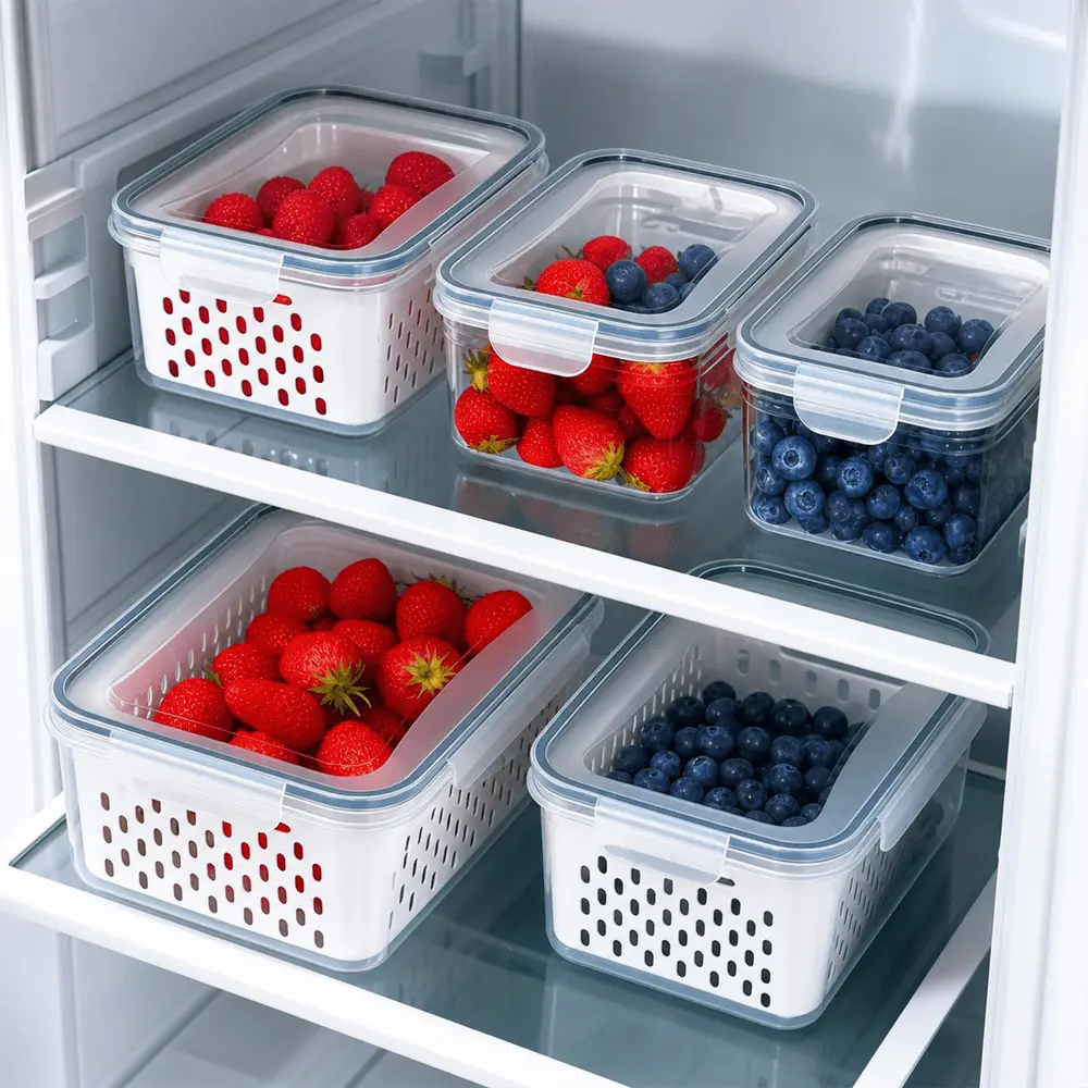 9-Piece Large Capacity Refrigerator Fruit Preservation Box with Removable Draining Basket, Sealed Food Storage Container, Dishwasher-Cleanable Refrigerator Produce Preserver, Extends Shelf Life of Berries (Includes 3 Preservation Boxes + 3 Draining Basket