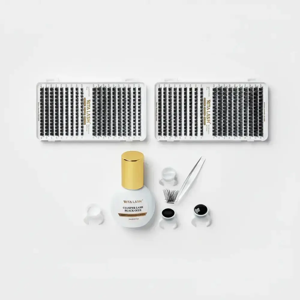 RITALASH Cluster Lashes & Glue Bundle, Black MIX W02/W04/W05/W06 1pc with 10ml Quick-Drying Ethyl Cyanoacrylate Adhesive for Eyelash Extensions