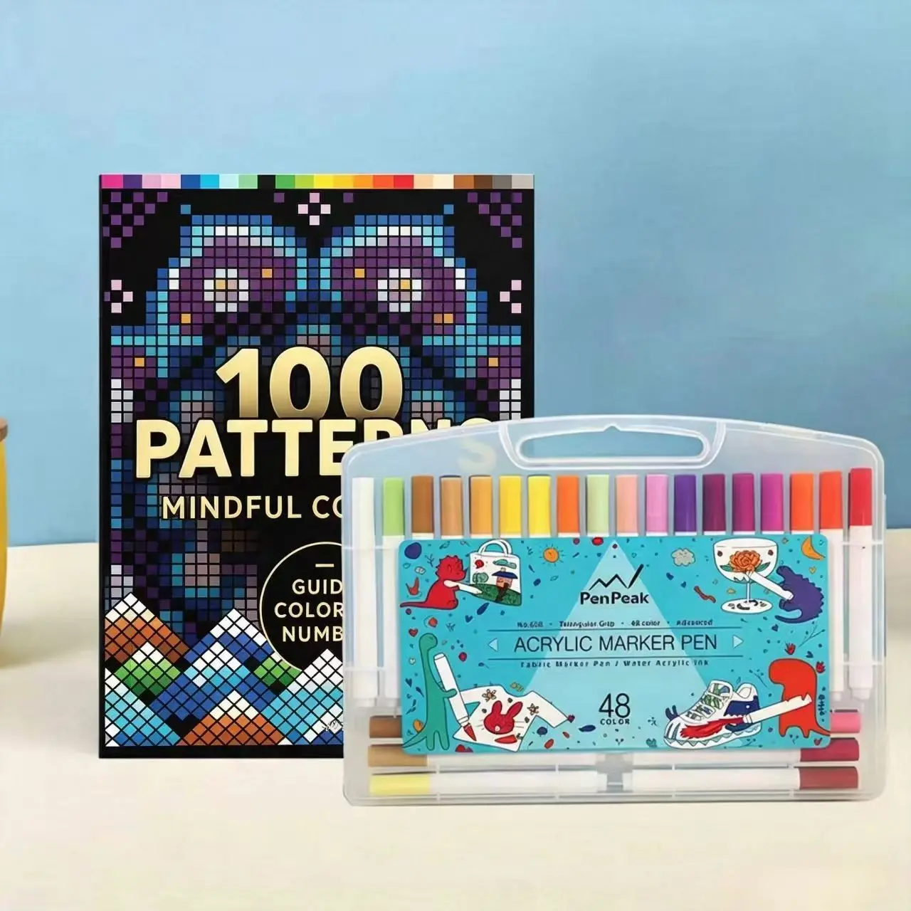 Pixel Mindfulness Coloring Set, 100 Patterns Relaxing Coloring Book, 36 Colors Acrylic Markers, Perfect for Stress Relief and Creativity