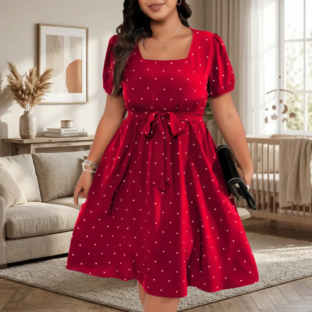 Dadamayar Women's Plus Size Polka Dot Midi Dress - Square Neck, Puff Sleeves, Tie Waist, A-Line Maternity Friendly Casual Dress
