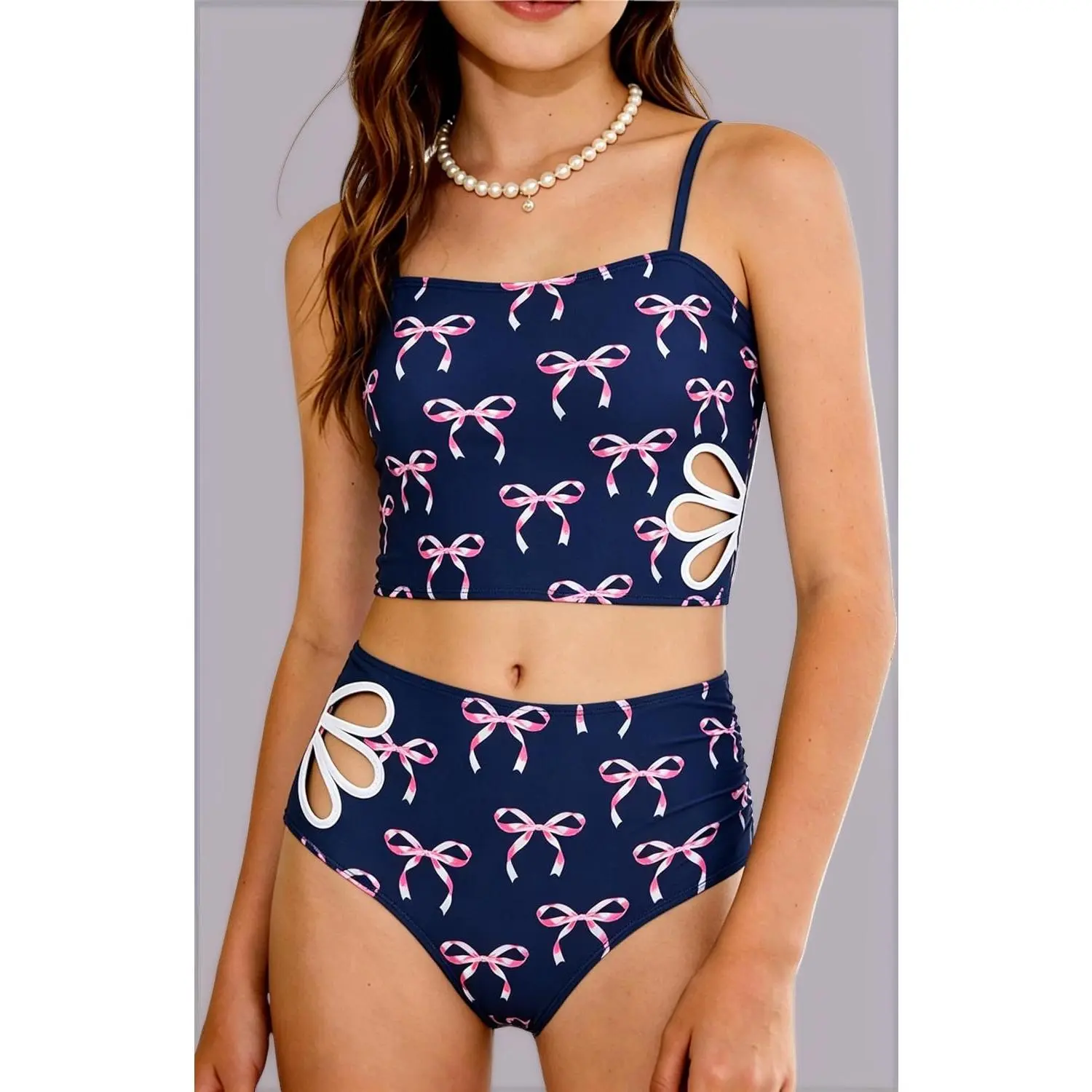 Teen Girls 2 Piece Tankini Swimwear Adjustable Strap Cut Out Bikini Sets Size 9-16