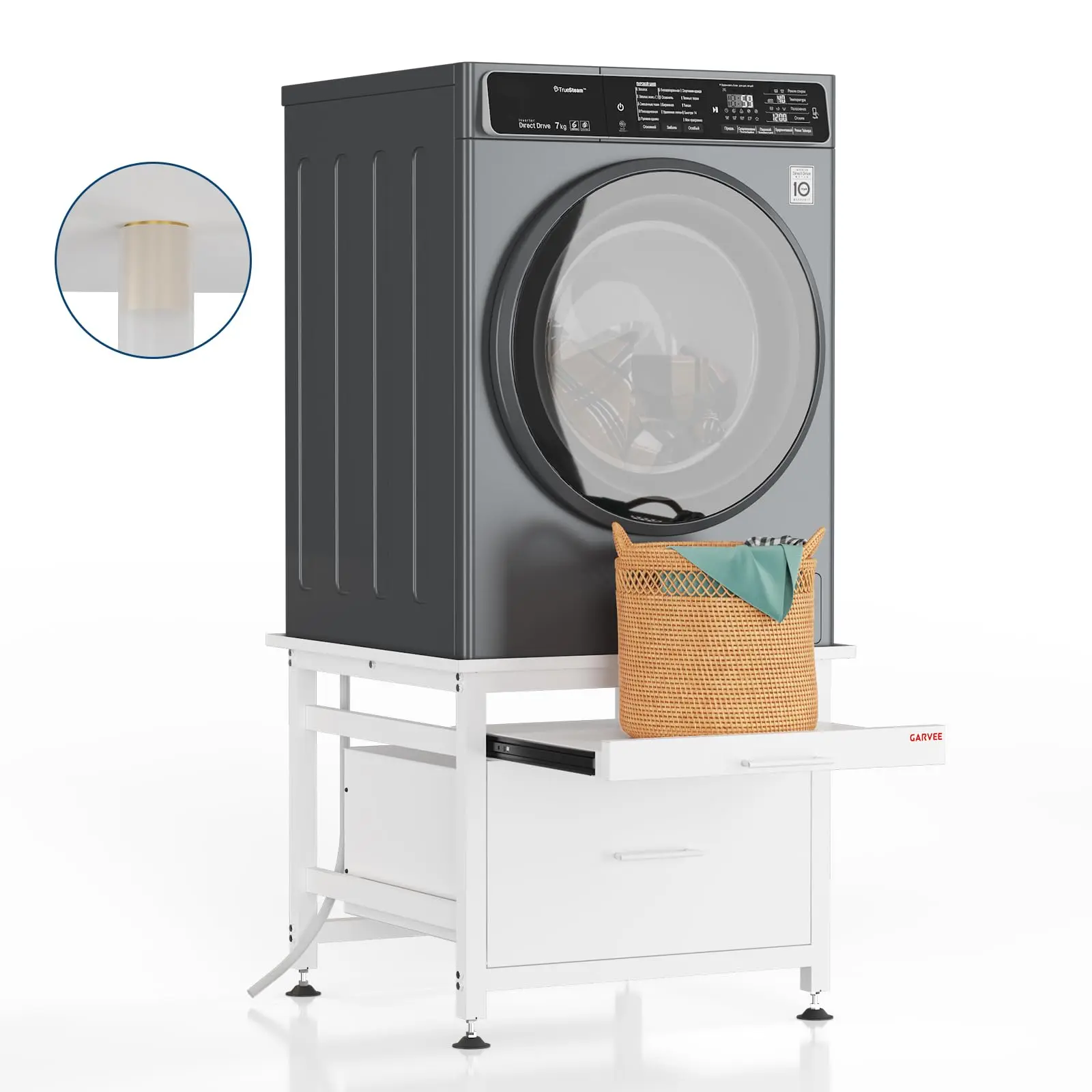 Heavy Duty Pedestal Stand for Washer & Dryer, Pullout Shelf & Drawer, Global Anti-Vibration, Adjustable Feet, 850lbs Capacity, Metal Construction