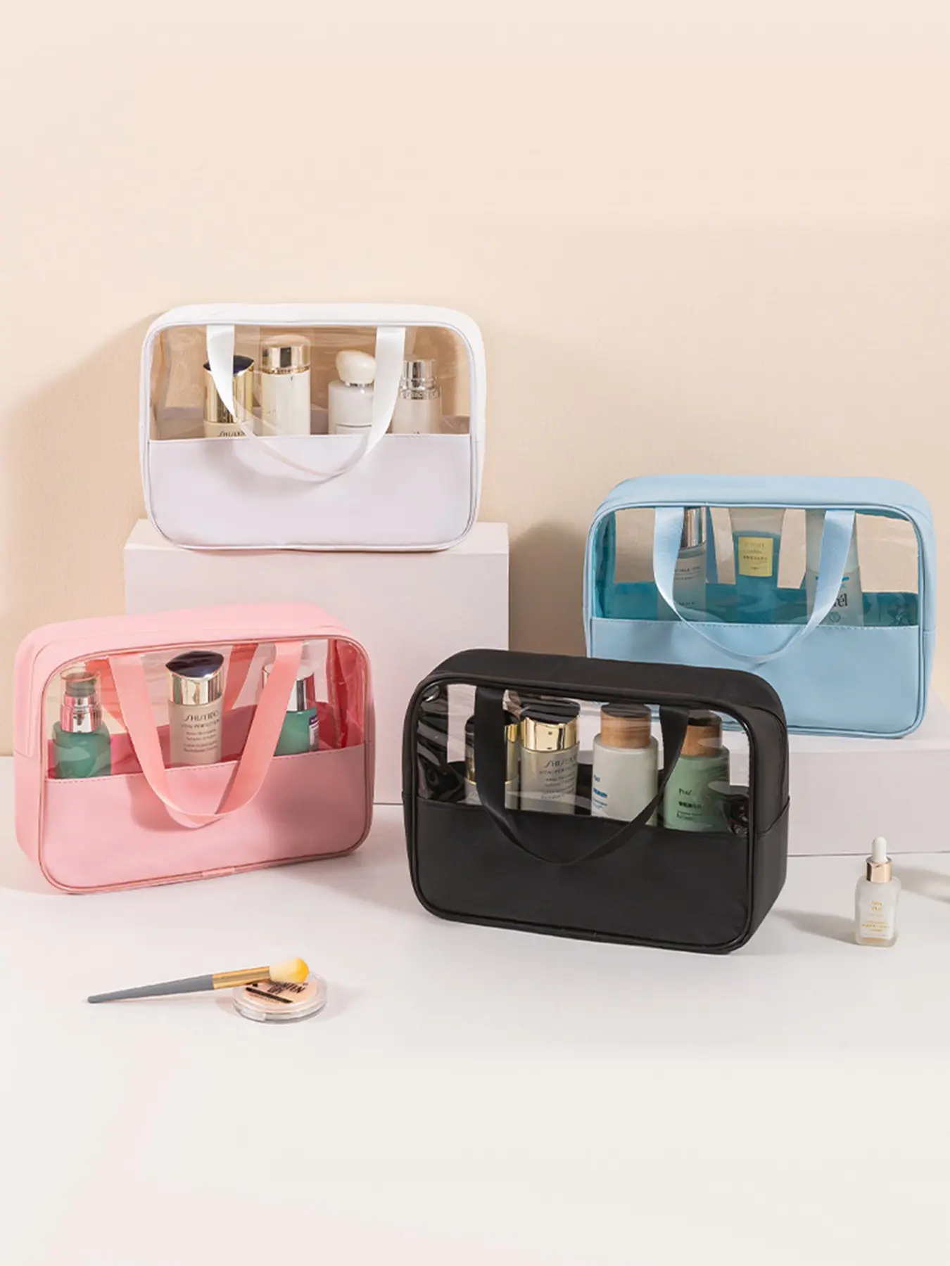Large Capacity Colorblock Makeup Bag, Waterproof Handheld Cosmetic Pouch, Travel Shower Kit, Water-Resistant Storage Bag