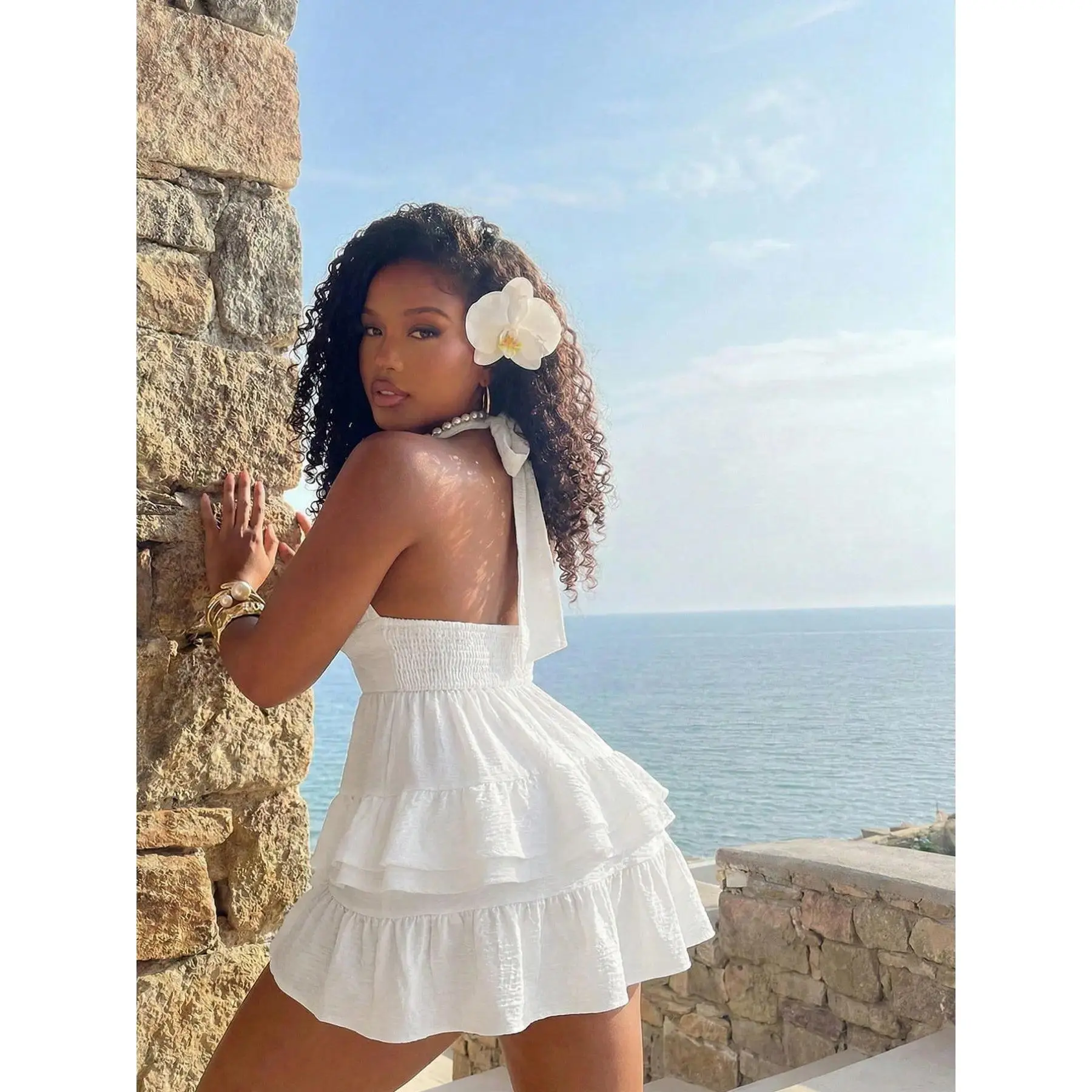 Women's Pure Desire Halter Neck Mini Dress - Slim-Fit, Waist-Cinch, Backless, Deep V - Women's Clothes for Beach Vacation, Yacht Party, Dress Up