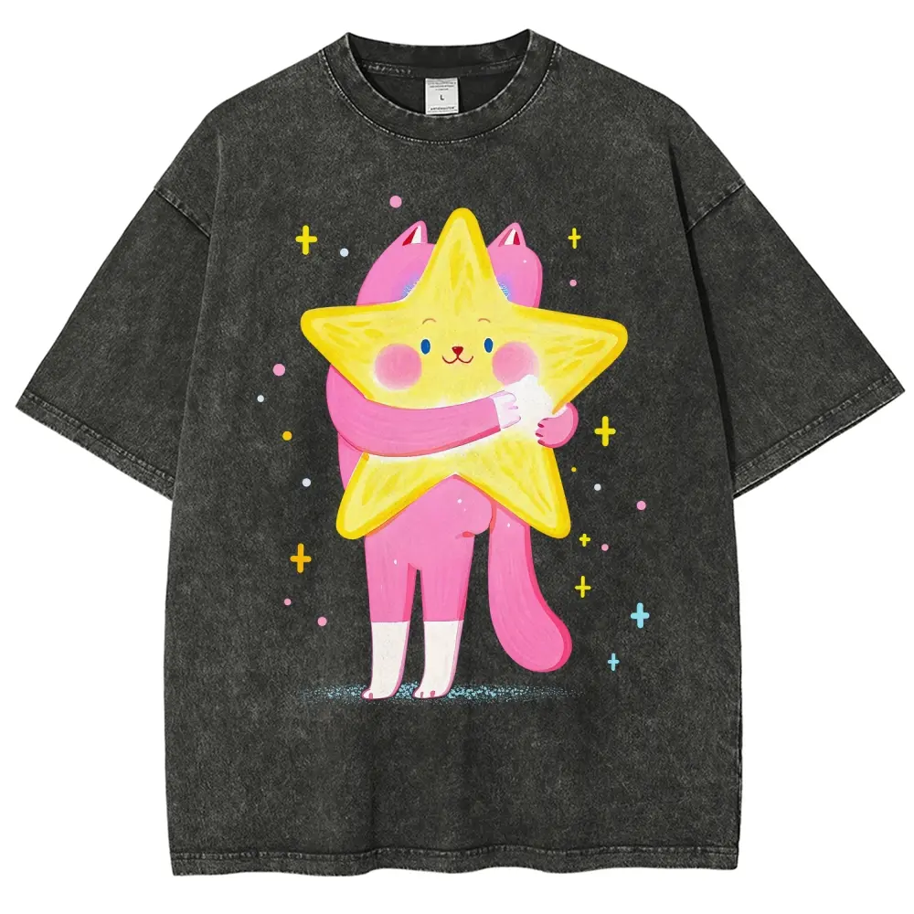 Unisex Pink cat-human figure holding stars under a warm night sky Graphict Washed T-Shirt Personalized Pattern Y2k Clothing Round Neck Washed T-Shirt,Women's Clothing 100% Cotton, Menswear, Top, Vintage Style,Summer Casual Oversized