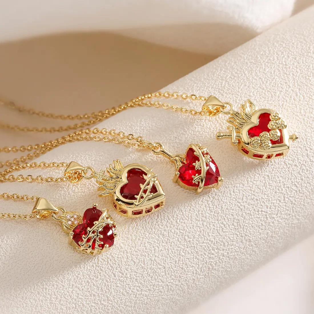 Women's 18 Karat Gold Plated Heart-Shaped Red Zircon Dainty Pendant Necklace - Vintage Inspired Delicate Collarbone Chain Fashion Jewelry for Date Night & Everyday Styling