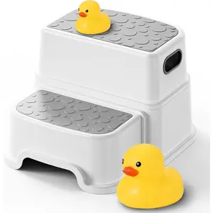 Toddler Step Stool for Potty Training, Bathroom Sink & Toilet - 2 Step Kids Poop Stool, Non-Slip Step Stool with Handles, Dual Height Stepping Stool for Kitchen Counter (Include 2 Ducks)