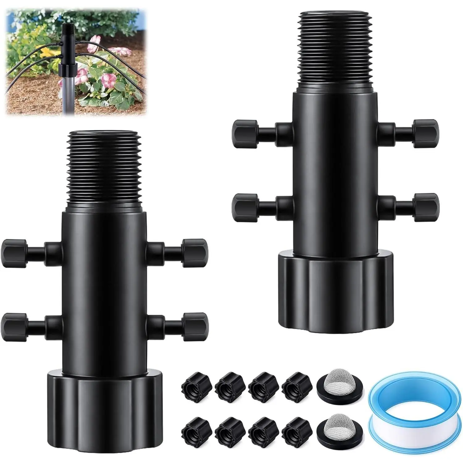 2 Pack 4 Port Drip Irrigation Manifold with Filter, Drip Irrigation Riser Adapter, Watering Manifold for Gardening Systems, 1/2" Female Pipe Thread x 1/2" Male Pipe Thread x 1/4" Barbed End