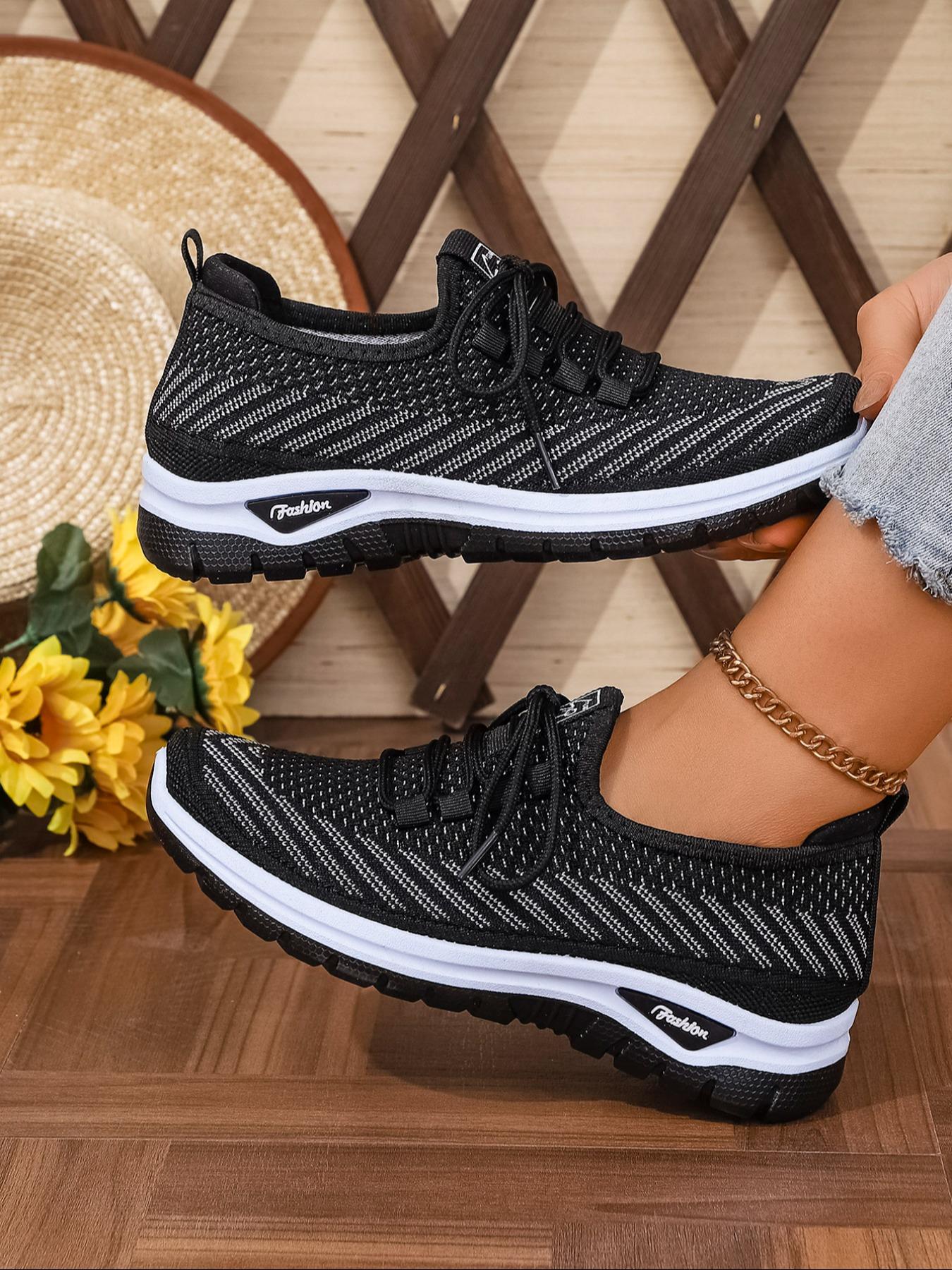Women's Plus Size Casual Sneakers, Knitted Running Shoes, Lightweight Comfortable Travel Running Shoes, Low Top Anti-Slip Lace-Up Sports Shoes for Outdoor Activities