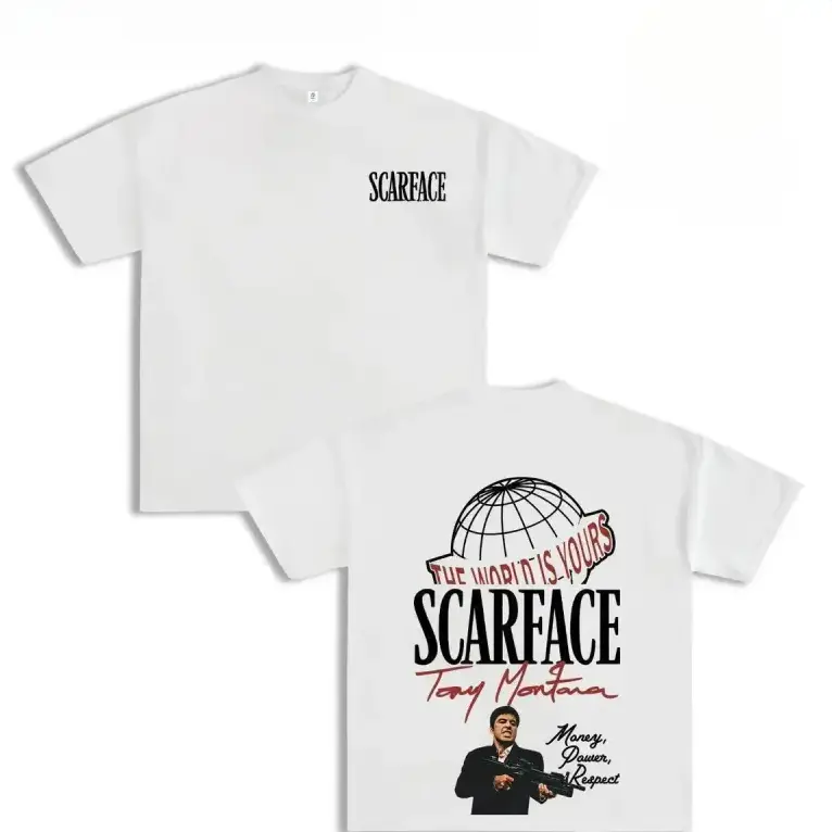 Scarface "The World Is Yours" Two-Sided Tony Montana T-Shirt – Unisex Crew Neck Short Sleeve Vintage Movie Streetwear Tee, Y2K Retro Film Graphic Cotton Shirt, Casual Pop Culture Top for Men & Women Gift Victory t-shirt