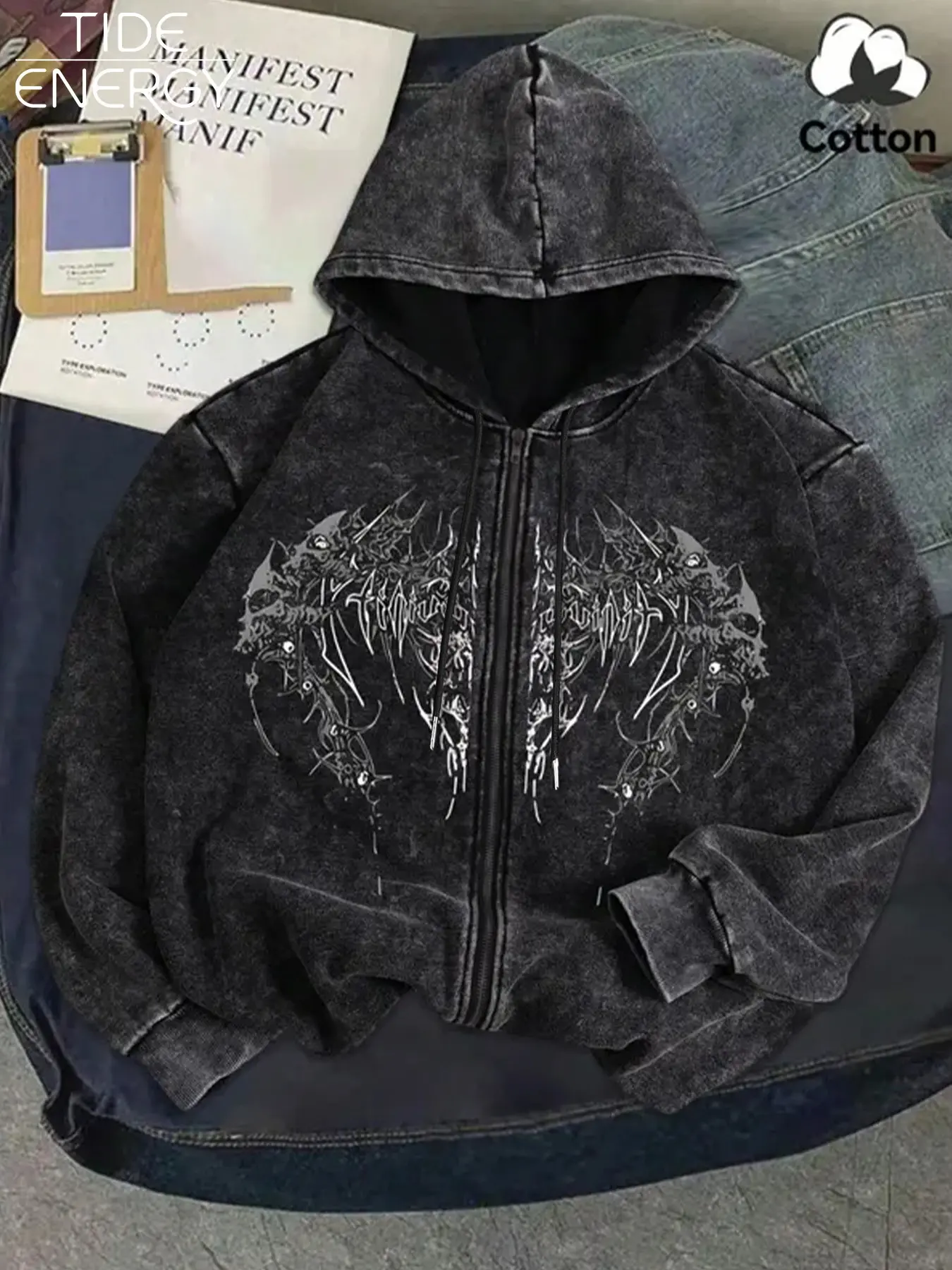 Y2K Retro Gothic Hoodie, Oversized Zipper Design, Skull Thorn Pattern, Urban Streetwear, Fall Campus Style, Coffee Shop