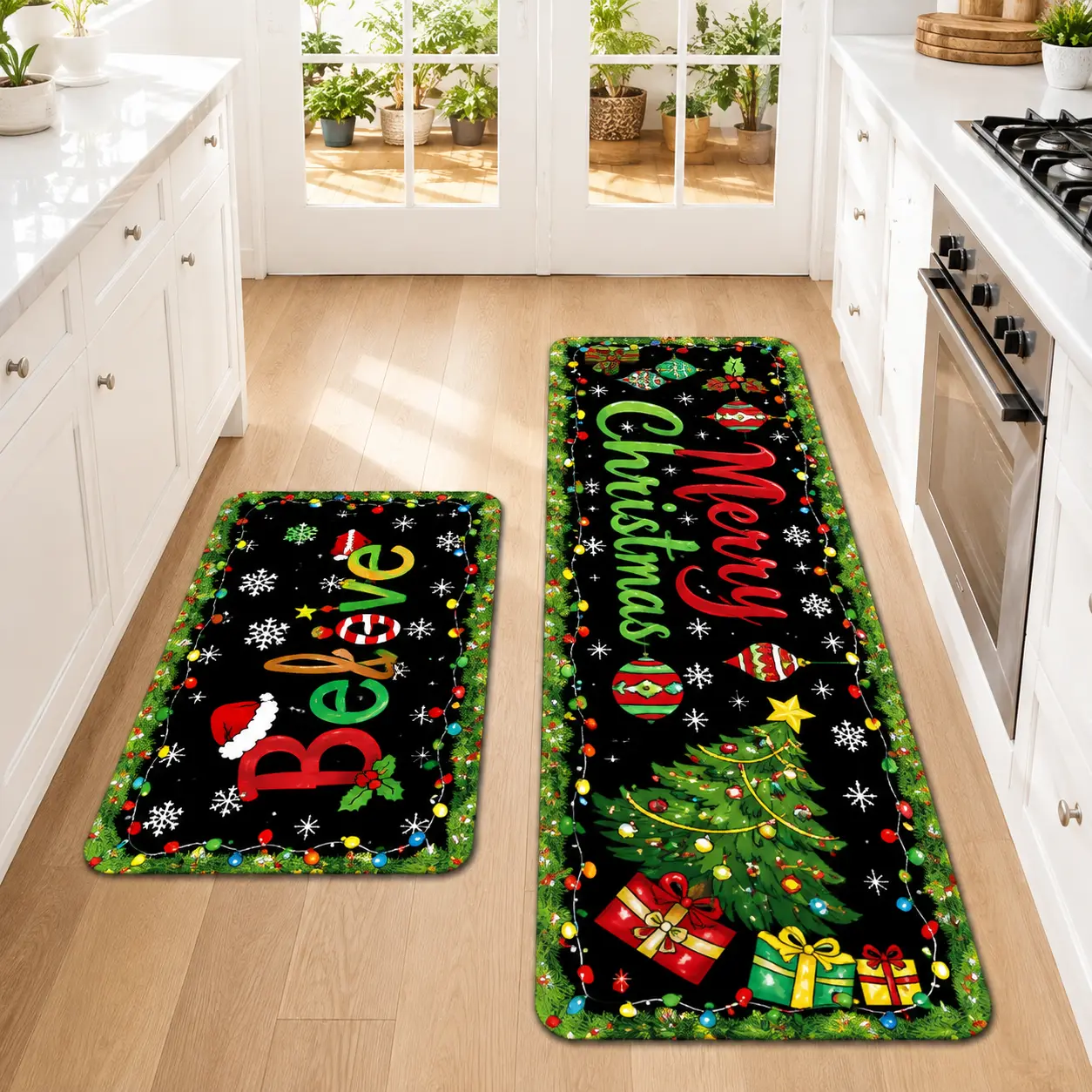 2Pcs Merry Christmas Christmas Tree Lights Floor Mat Set Farmhouse Decorative Rug Kitchen Rug Dining Room Flooring Laundry Room Decor Carpet Mat Kitchen Floor Rugs