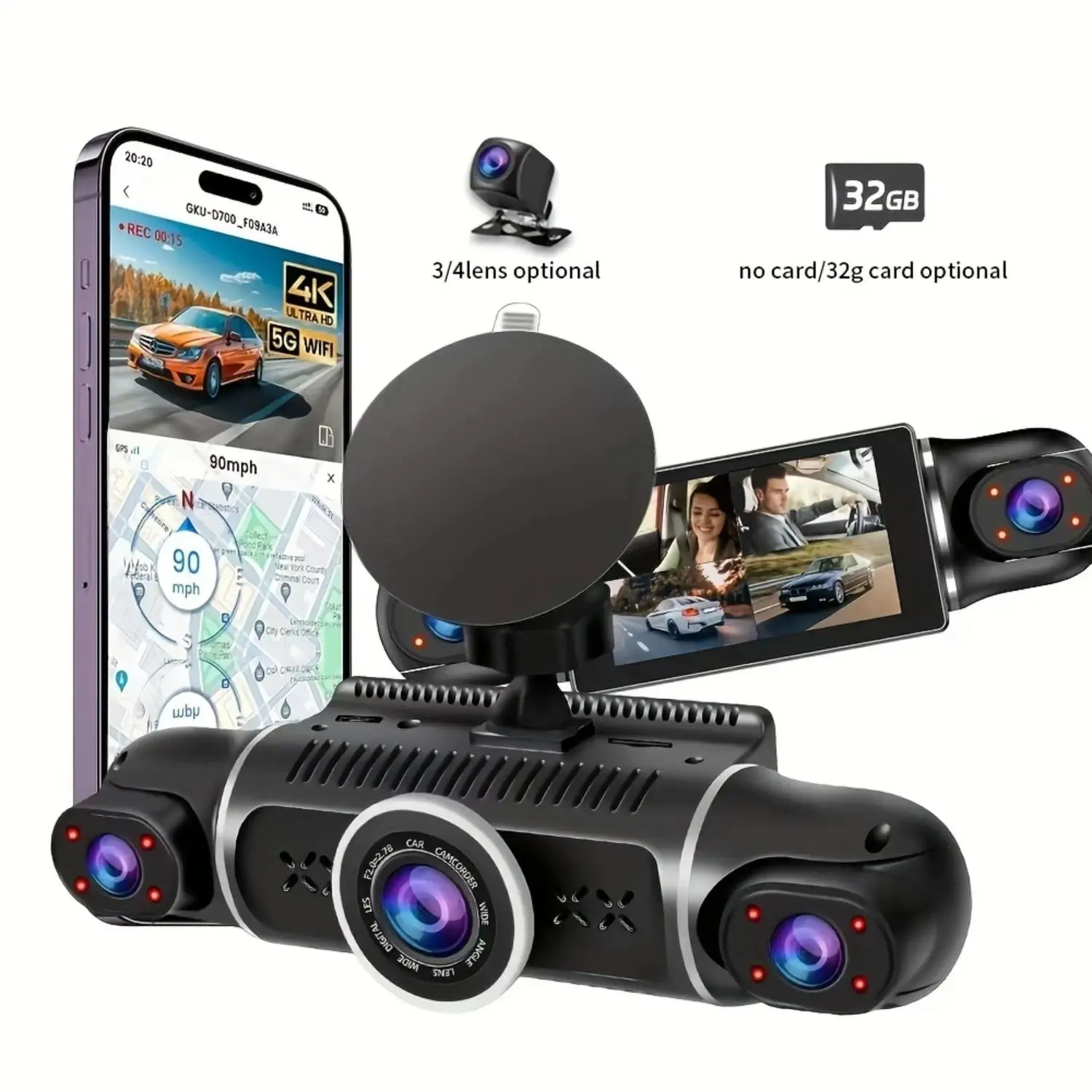 1080P 3 Or 4 Channel Dash Cam for Cars Built in WiFi Car DVR Night Vision G-Sensor Loop Recording Dashboard Camera Optional 32GB Memory Card Vehicle Driving Recorder