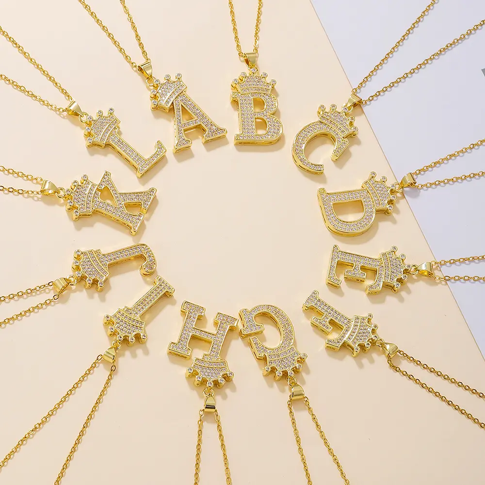 1PCS Fashionable Gold Diamond Crown Uppercase Letter Pendant Necklace Daily Use Festivals Parties Gifts Jewelry Set