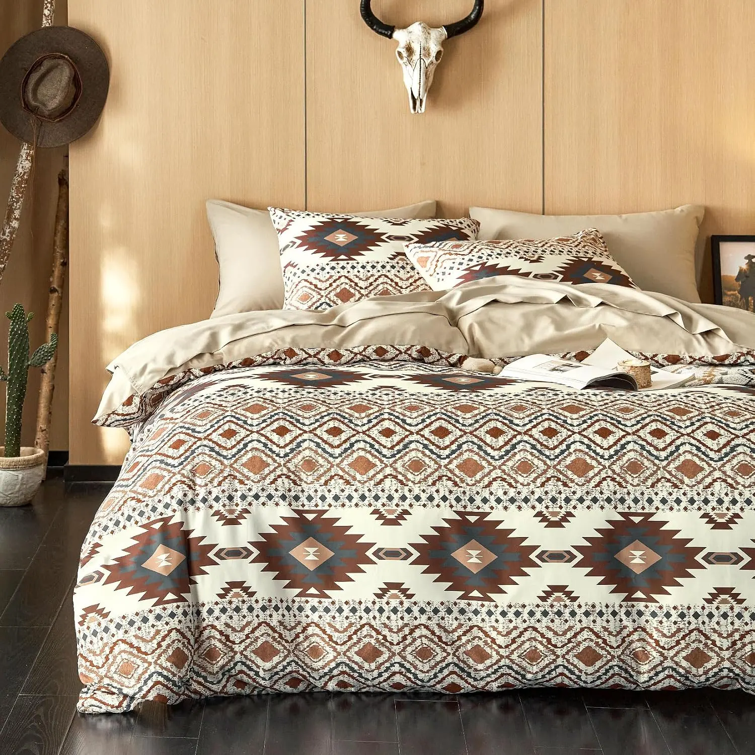 - Comforter Set, Southwestern Aztec Style with Rustic Ranch Vibe, Soft Lightweight Bedding, 3 Pieces, Beige Brown, King Size