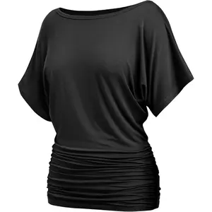 Womens Ruched Tops Casual T Shirts Dolman Short Sleeve Shirts Boat Neck Summer Off Shoulder Batwing Tops 2026Gift.