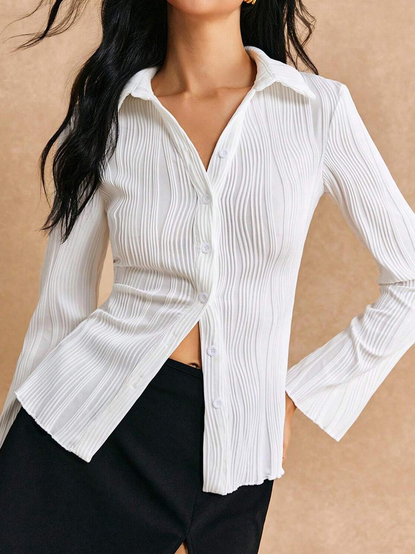 Women's Textured Long Sleeve Button Front Shirt, Casual Fashion Shirt, Casual Solid Color Collared Top for Spring & Fall, Women's Clothes for Daily Wear