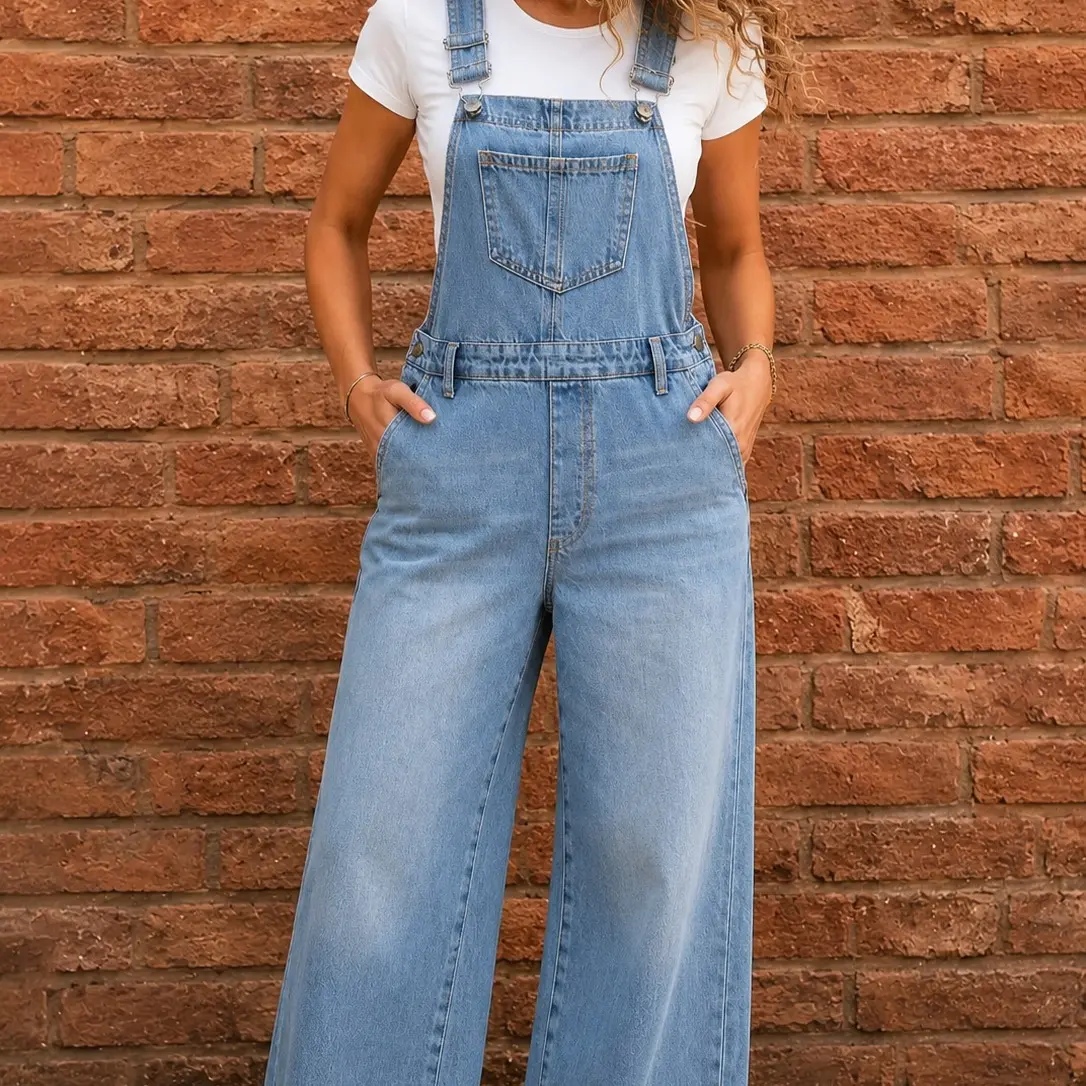 Women's fashion denim overalls, light-colored washed wide-leg denim jumpsuit, adjustable shoulder straps, loose chest pockets, casual summer street wear