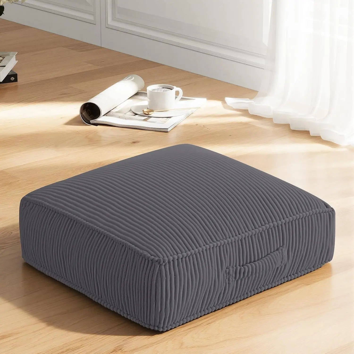 Extra Thick 8" 24 Inch Large Meditation Floor Pillow for Adults, Sitting Cushion with Washable Corduroy Cover, Tatami Seat with Handle for Yoga, Grey