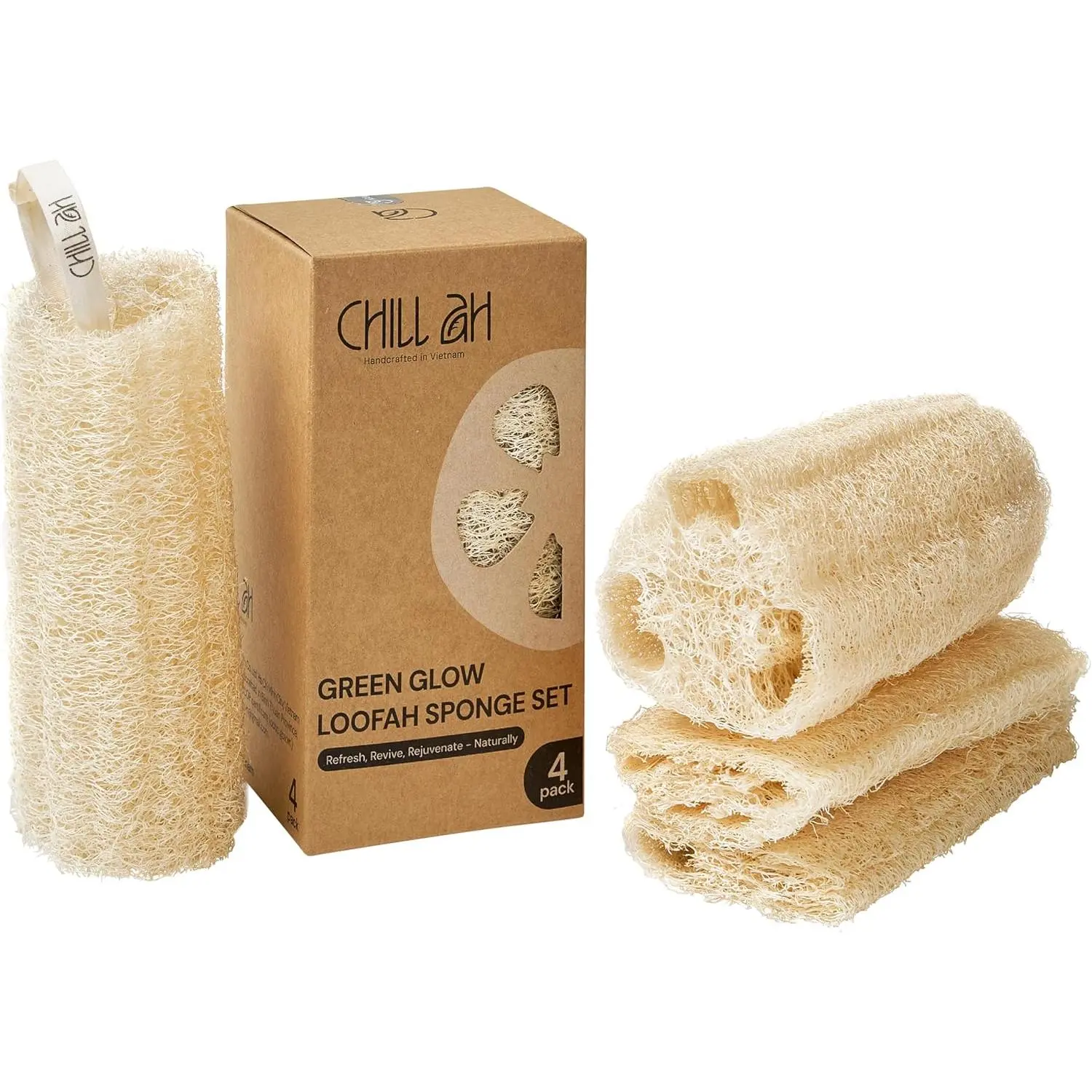Green Glow Loofah Sponge Set – Soap-Based, Dye-Free, Scratch-Free, Handcrafted in Vietnam (2-Pack) for Bath Personal Accessories & Household Bathroom Supplies, Exfoliation