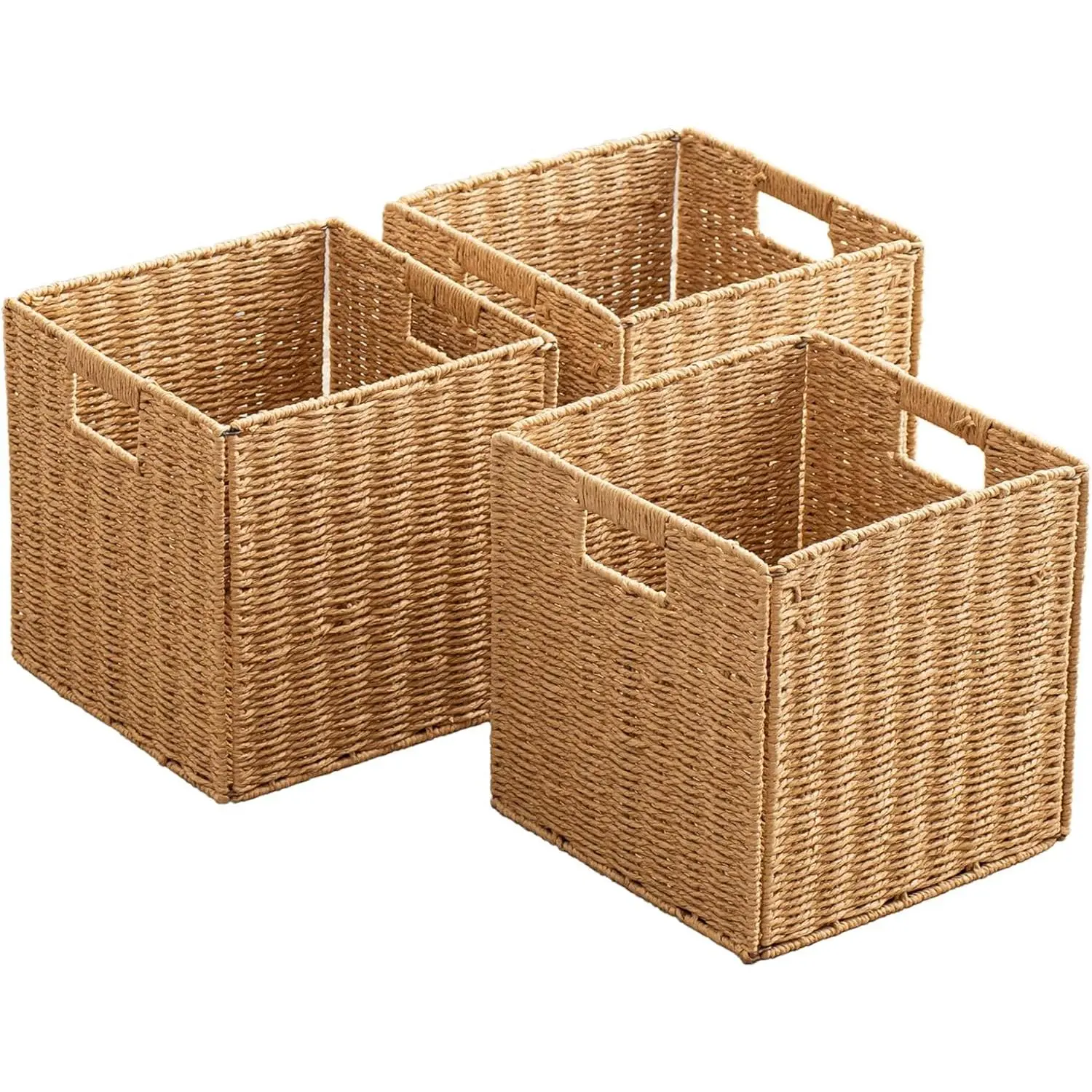 Foldable Storage Baskets with Handles Paper Rope Storage Baskets Rectangle Collapsible Hand Woven Storage Cubes Bins for Organizing Shelves Living Room Bedroom Pantry (3, 11'' x 11'' x 11'')
