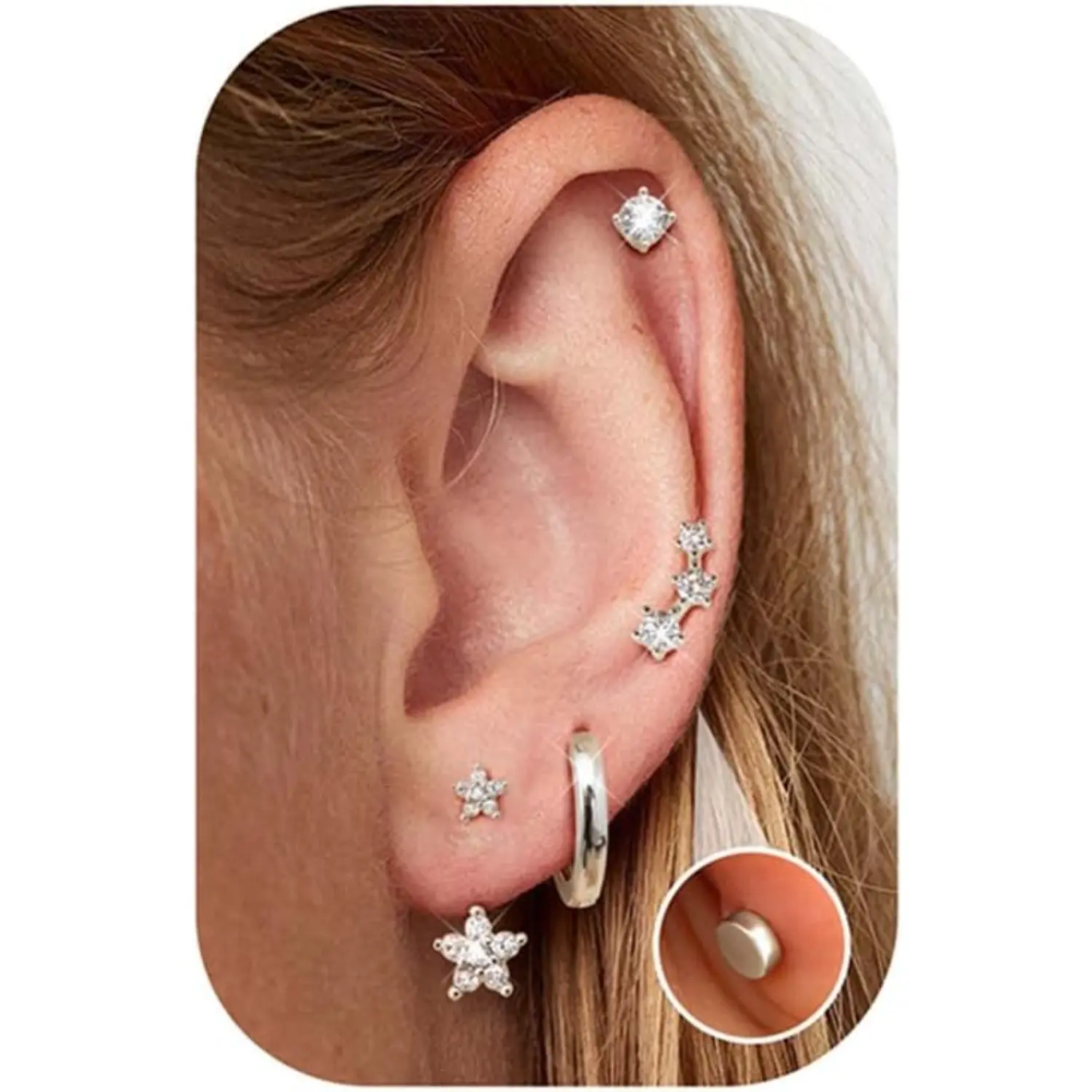 ORAZIO 4 Pairs Dainty Earrings for Women Stud Hoops Earrings Hypoallergenic Surgical Steel Flat Back Earrings Stacks Small Sleeper Huggies Cartilage Earrings Set for Ear Piercing