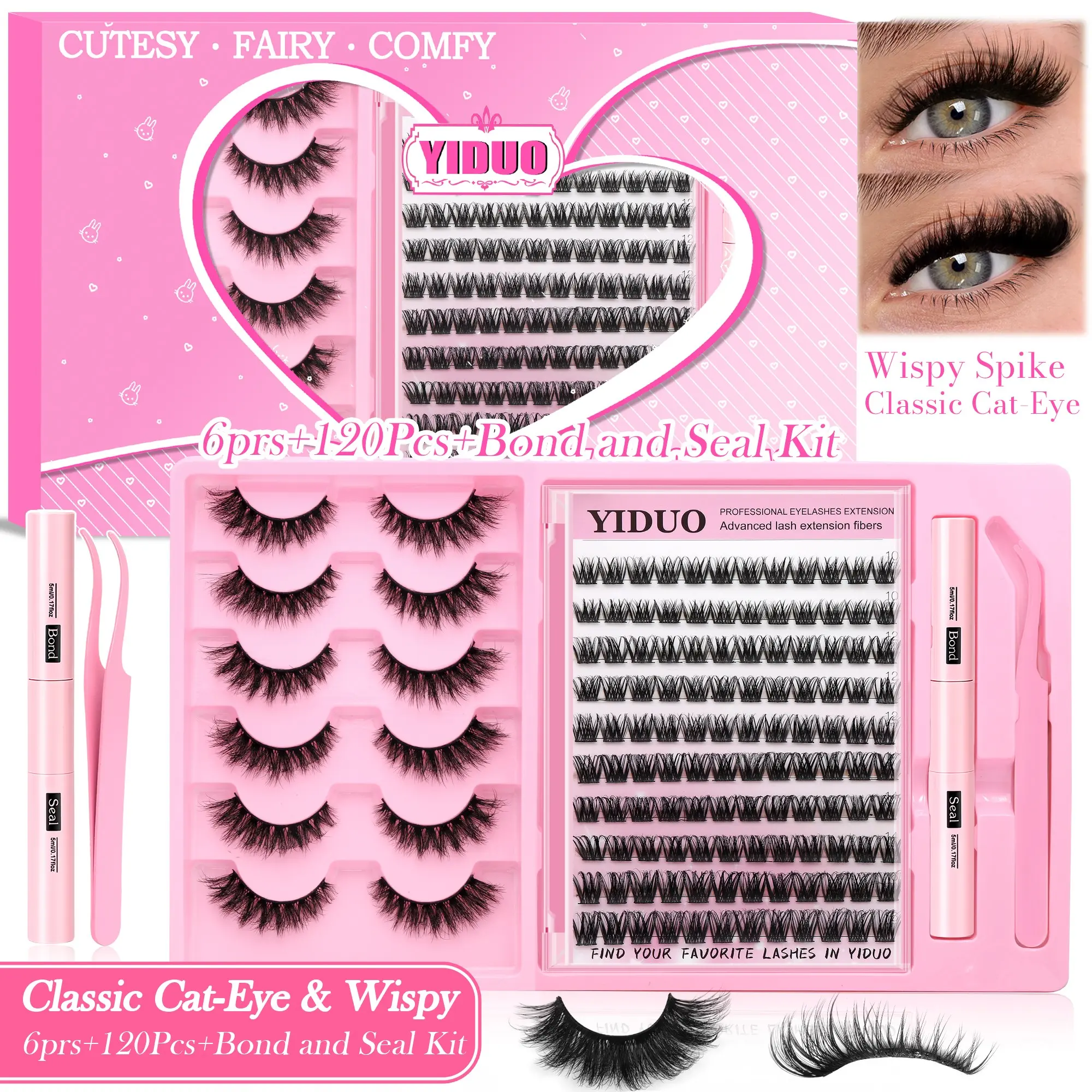 YIDUO One-Stop Lash Kit for Dramatic Volume & Wispy Texture，Features Mixed Cluster Lengths (10–16mm),Includes Bond & Seal Durable Tweezers - Waterproof, Gentle Formula, Ultra-Light Band – Create Custom Cat, Round, or Half-Lash Styles Effortlessly at Home.