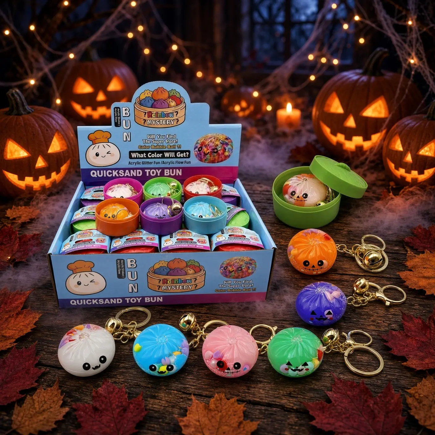 Mystery Blind Box Halloween Glitter Sand Dumpling Bun Keychain, Single Pack Cute Glow Effect Aesthetic Key Chain, Surprise Girly Backpack Purse Charm, Whimsical Collectible Halloween Gift for Teen Girls