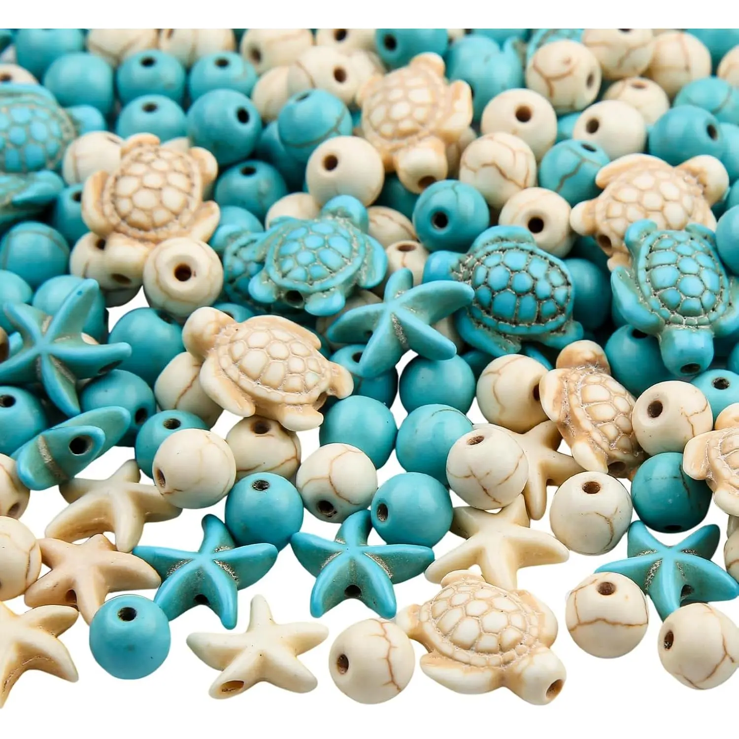 210 count Turquoise Beads Sea Turtle Bead Floral White Turtle Charms Synthetic Turquoise Starfish Beads for  Craft Making(bluewhite)
