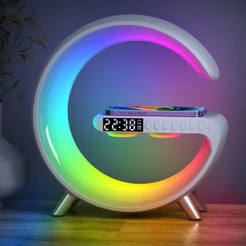 1 Piece Smart LED Desk Lamp, 4-in-1 Wireless Charger Night Light, Alarm Clock and Bluetooth Speaker Desktop Decorative Lamp with App Control Indoor Mood Light for Bedroom, Office and Home Decoration
