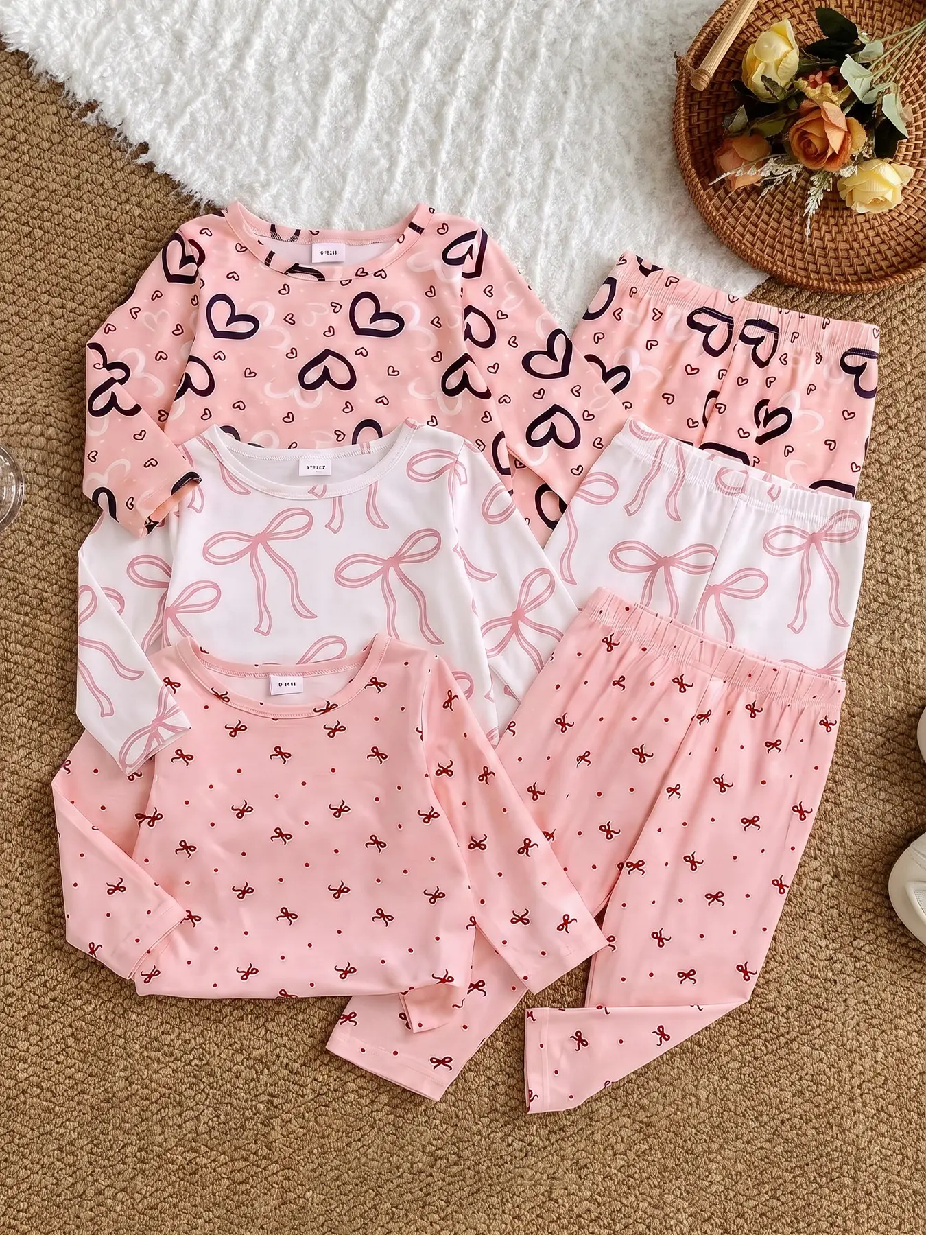 6-Piece Baby Girl Spring Fall Set, Long Sleeve Pants, Cute Bow Heart Design, Soft Comfortable Home Wear, Infant Toddler