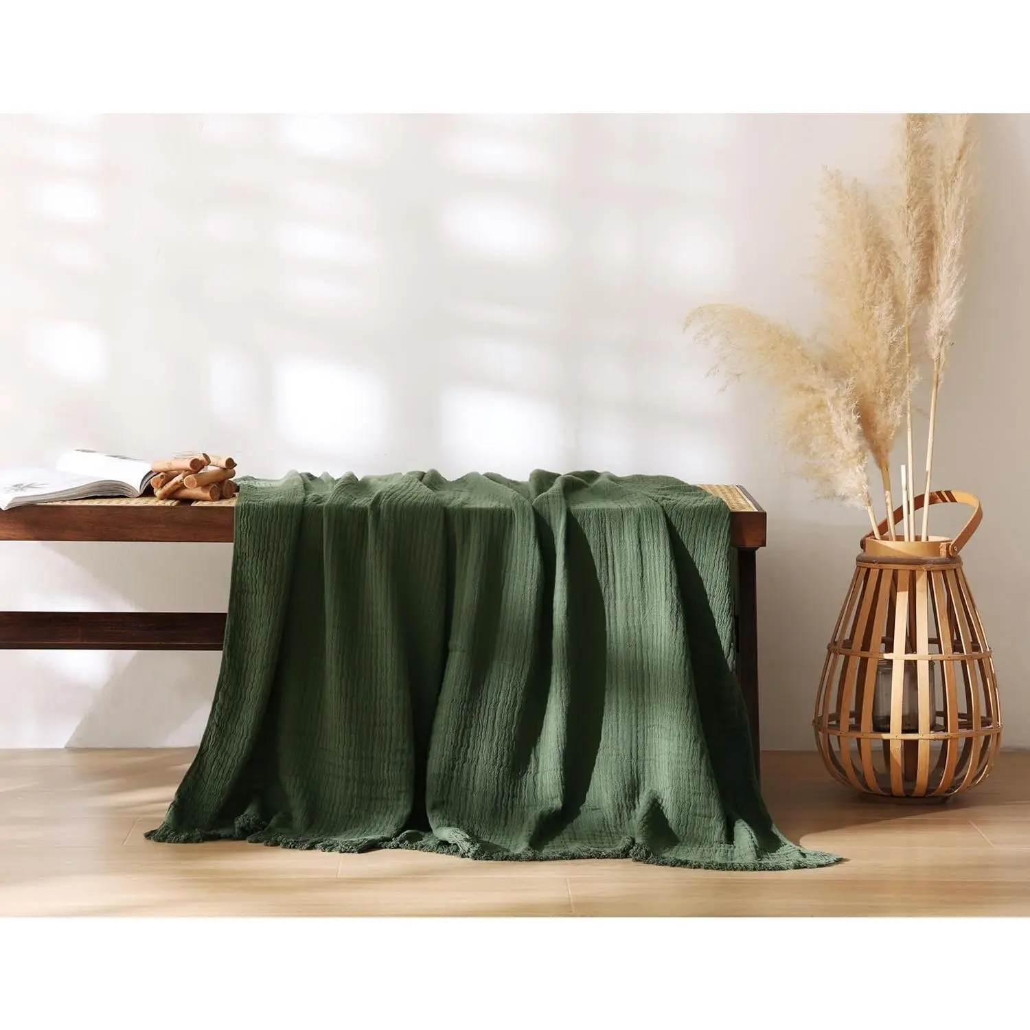 100% Cotton Muslin Throw Blanket for Bed, Couch, Small, Decorative, Soft, Pre-Washed, Breathable and Lightweight Gauze Blanket with Tassels(Dark Green, 50"x60")