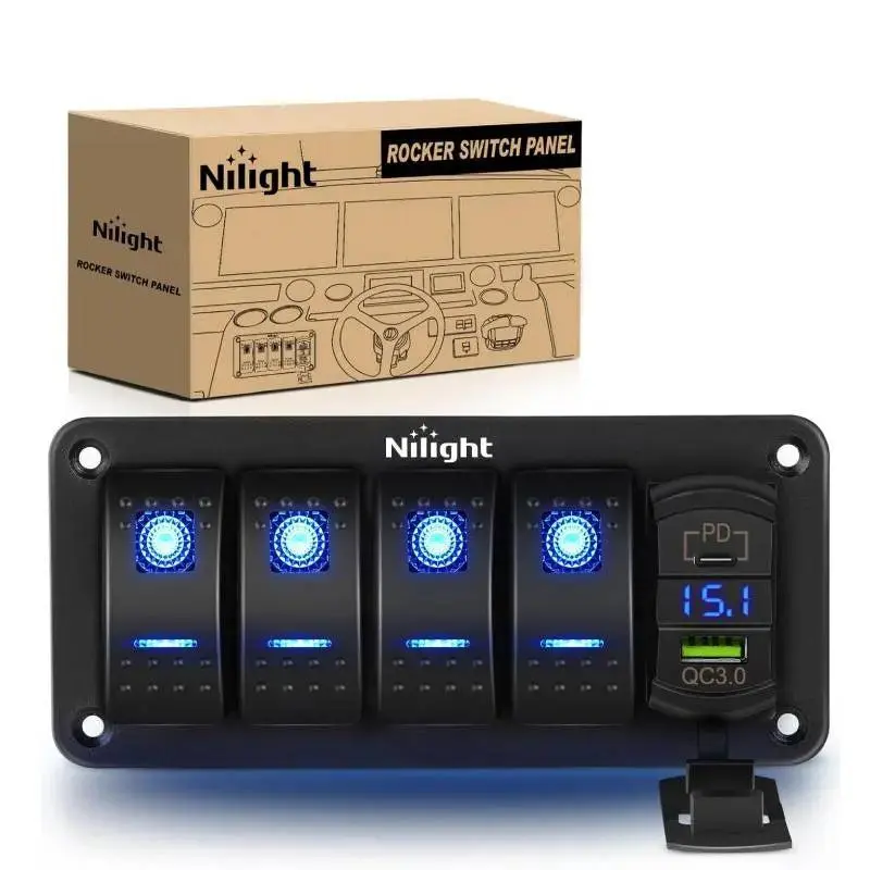 Nilight 4-Gang Aluminum 5-Pin ON/Off Blue Rocker Switch Panel, Boxed Set for DIY Users, Outdoor Panel Mount w/ PD Type-C, USB Charger & Voltmeter (ON/Off Control Included)