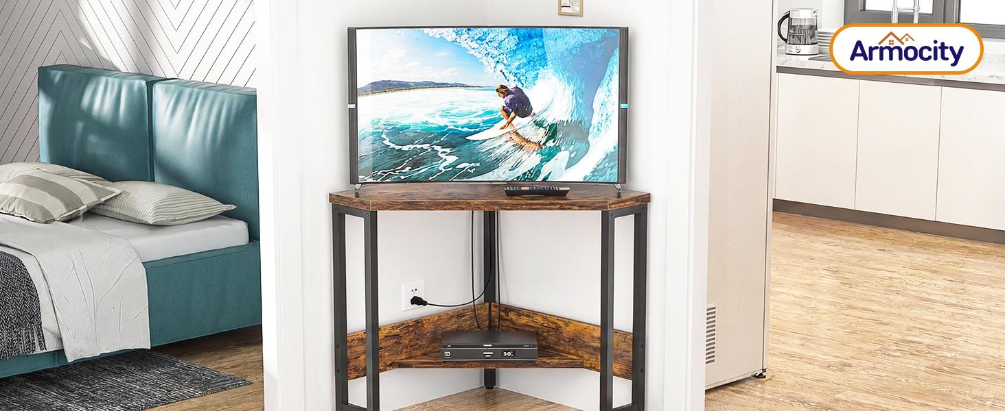 Corner Small Desk with Outlets Corner Table for Small Space Industrial Computer Desk with Storage for Home Office, Workstation, Living Room, Bedroom