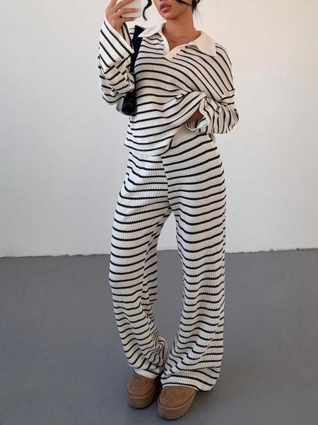 2-piece women's loose striped V-neck dropped shoulder long-sleeved T-shirt and elastic waist striped pants autumn and winter knitted suit