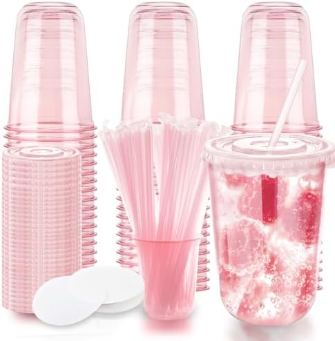 16oz Disposable Stemless Glasses with Flat Lids and Straws,PET Disposable Drinking Cups,Clear Plastic Wine Glasses for Parties Birthday,Wedding,Meeting,Christmas Party Supplies. (50, Pink)