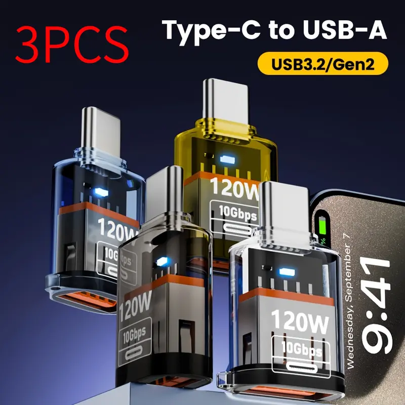 2/3pcs Type-C Female to USB-A Male OTG Adapter, Supports USB 3.2/gen2, 10gbps Data Transfer, 120w Fast Charging, Transparent Connector